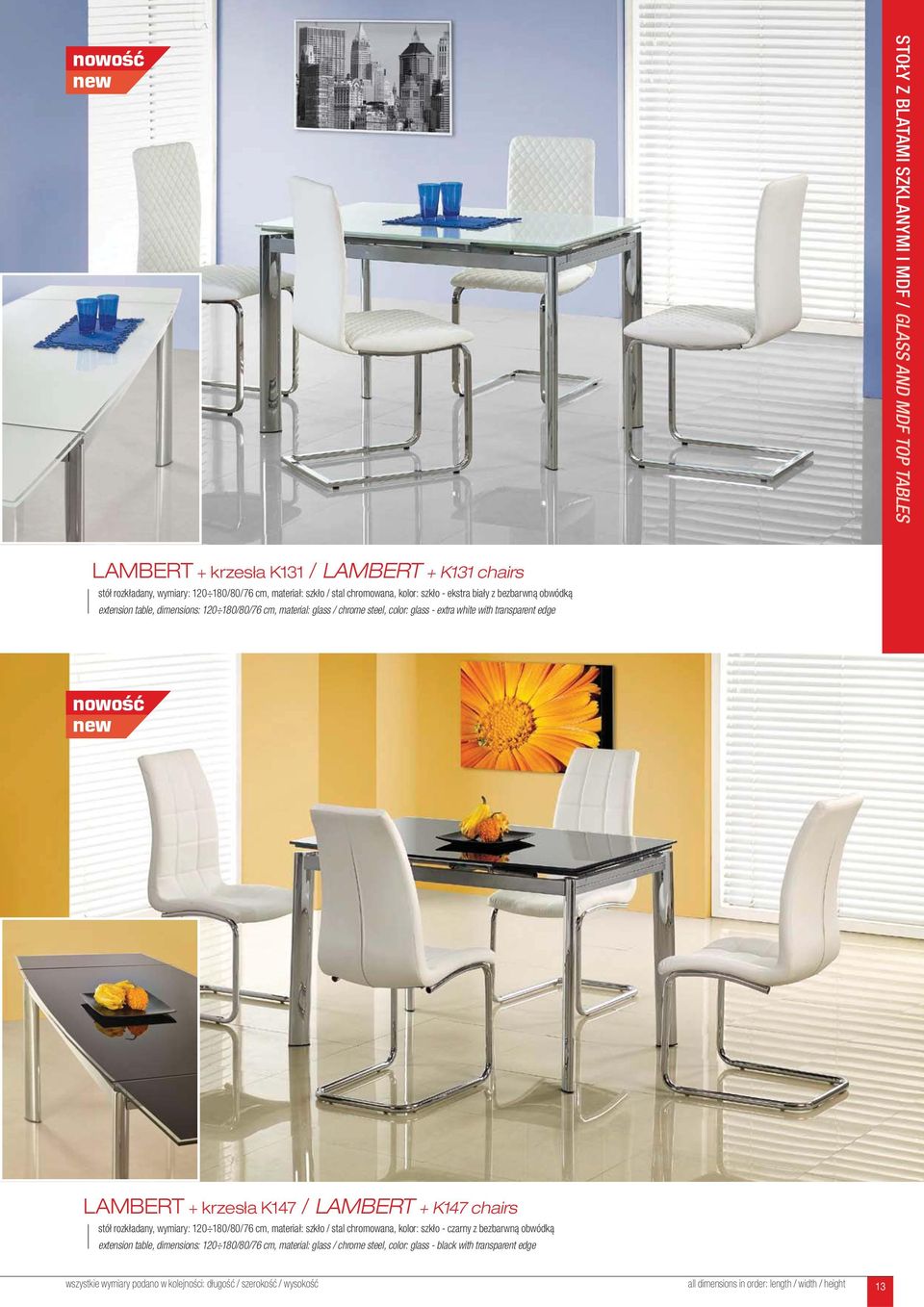 transparent edge LAMBERT + krzesła K147 / LAMBERT + K147 chairs stół rozkładany, wymiary: 120 180/80/76 cm, materiał: szkło / stal chromowana, kolor: szkło - czarny z