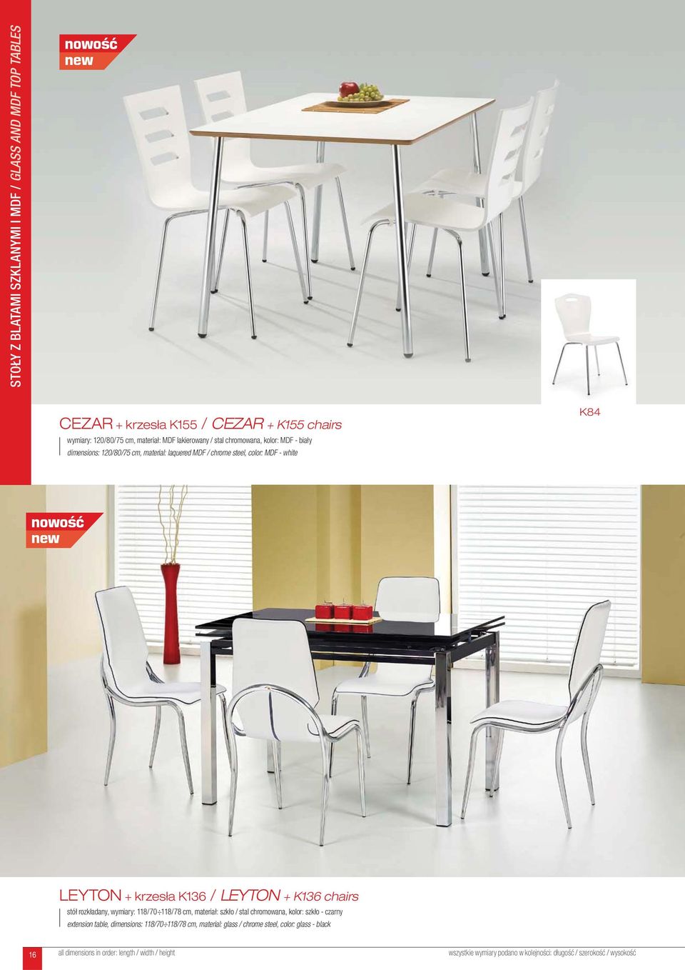 LEYTON + krzesła K136 / LEYTON + K136 chairs stół rozkładany, wymiary: 118/70 118/78 cm, materiał: szkło / stal chromowana, kolor: szkło -