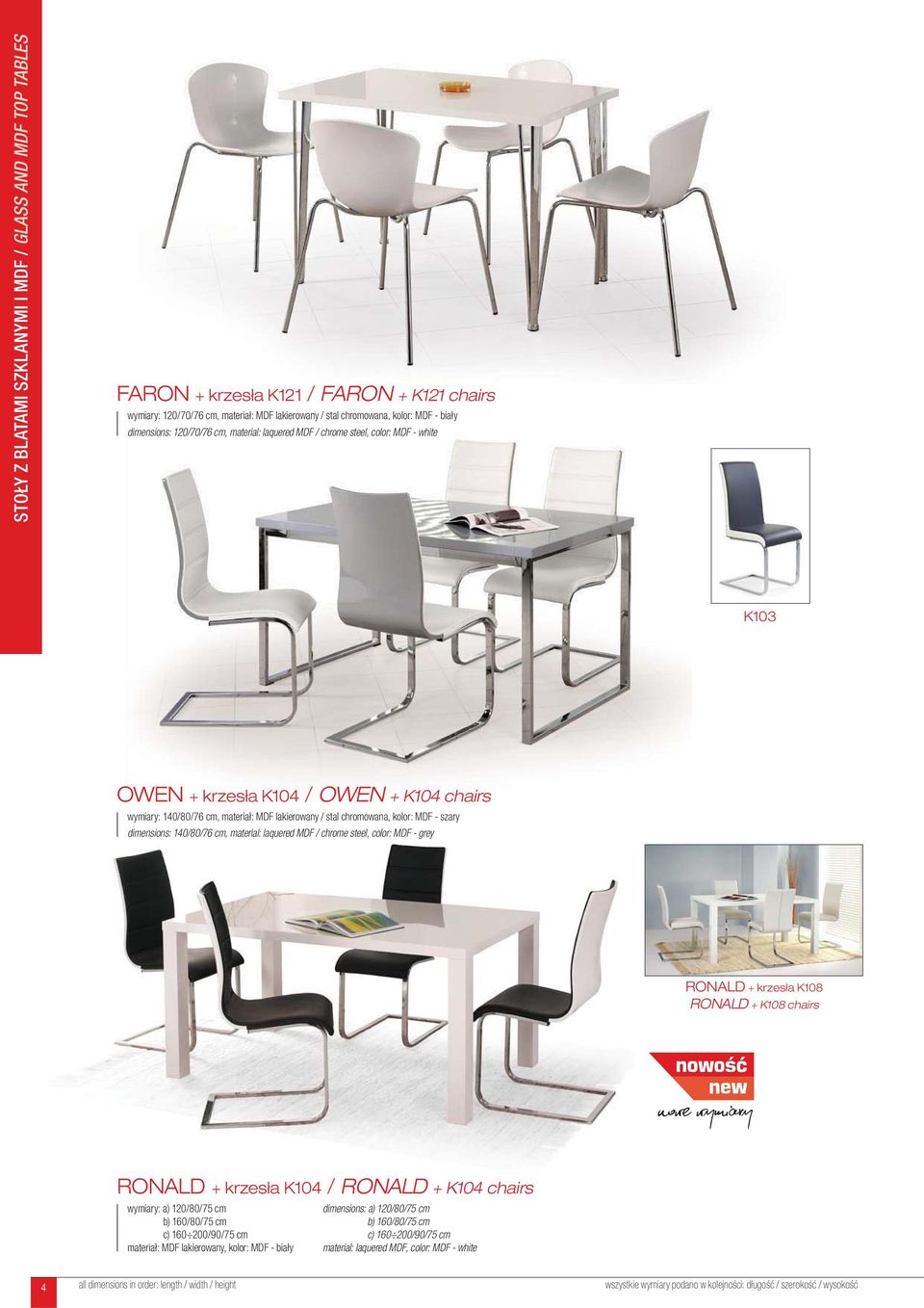 kolor: MDF - szary dimensions: 140/80/76 cm, material: laquered MDF / chrome steel, color: MDF - grey RONALD + krzesła K108 RONALD + K108 chairs nowe wymiary RONALD + krzesła K104 / RONALD + K104