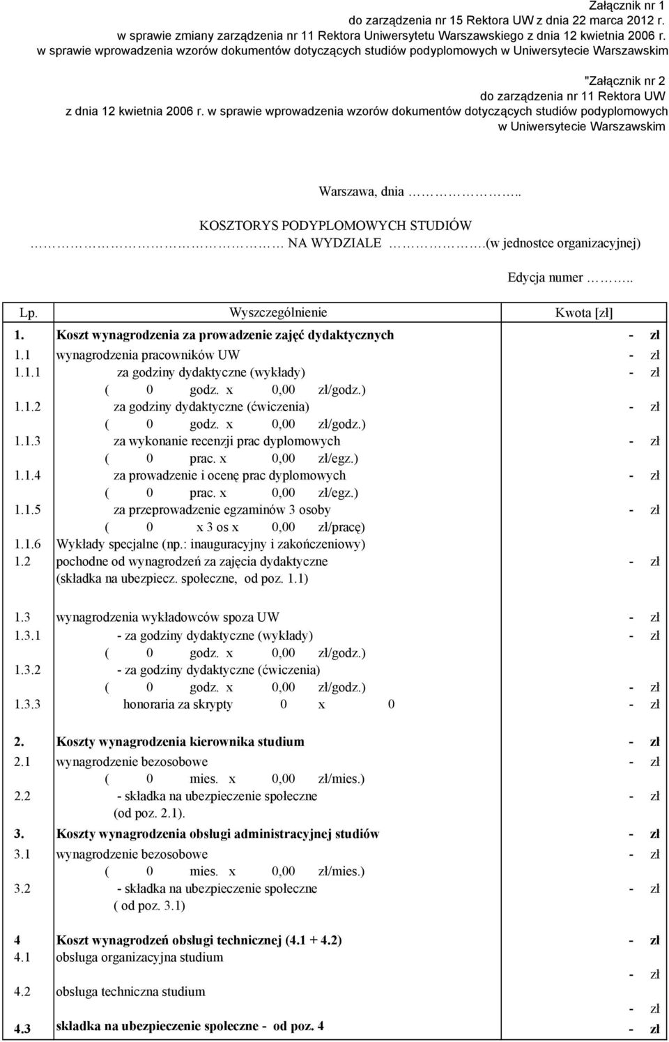 w sprawie wprowadzenia wzorów dokumentów dotyczących studiów podyplomowych w Uniwersytecie Warszawskim + Warszawa, dnia.. KOSZTORYS PODYPLOMOWYCH STUDIÓW NA WYDZIALE.