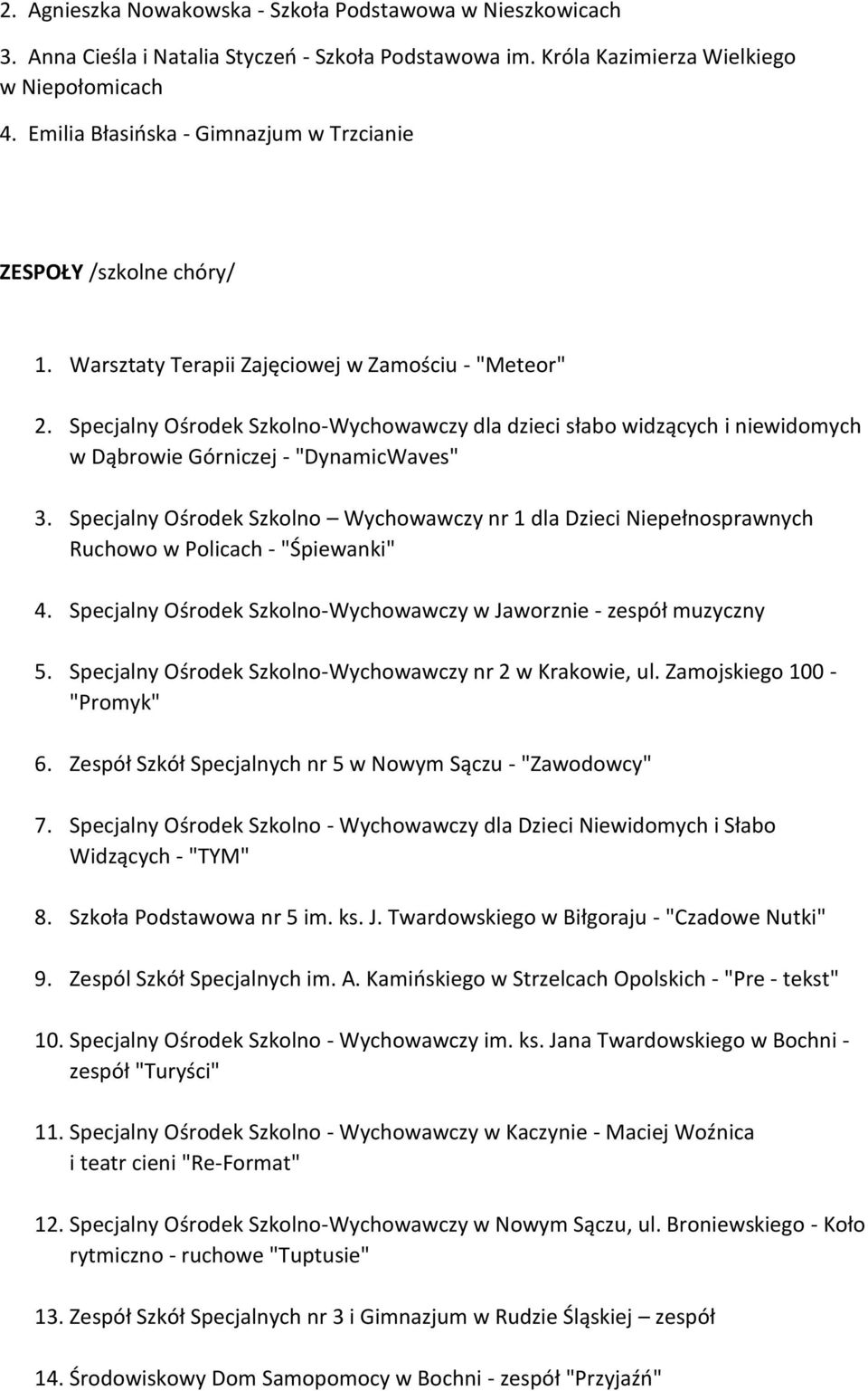 dla dzieci słabo widzących i niewidomych w Dąbrowie Górniczej - "DynamicWaves" 3. Specjalny Ośrodek Szkolno Wychowawczy nr 1 dla Dzieci Niepełnosprawnych Ruchowo w Policach - "Śpiewanki" 4.