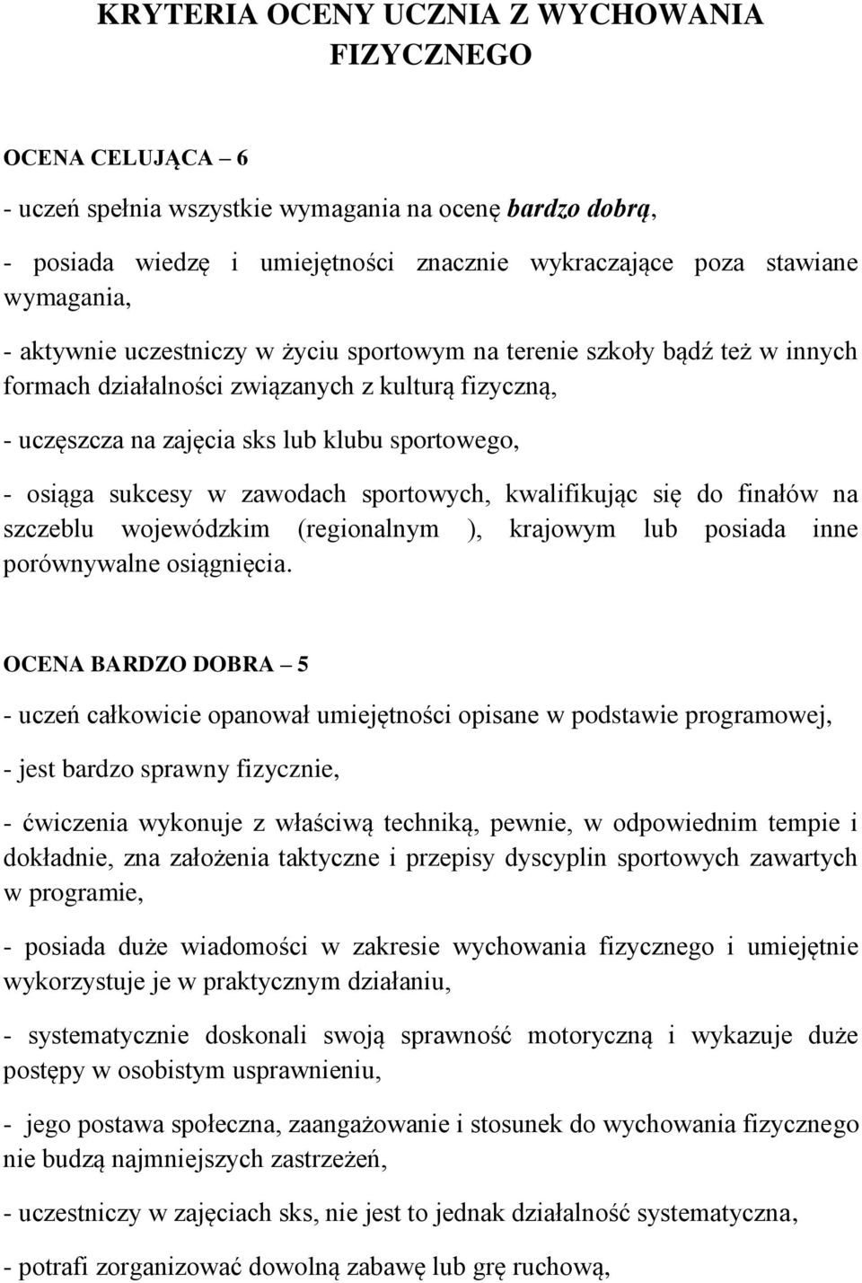 sukcesy w zawodach sportowych, kwalifikując się do finałów na szczeblu wojewódzkim (regionalnym ), krajowym lub posiada inne porównywalne osiągnięcia.