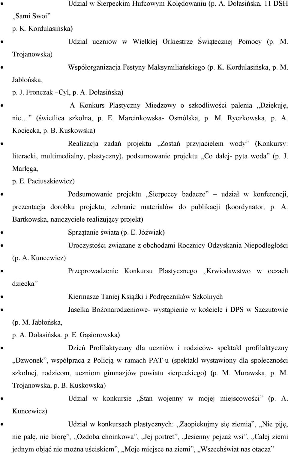 Dołasińska) A Konkurs Plastyczny Miedzowy o szkodliwości palenia Dziękuję, nie (świetlica szkolna, p. E. Marcinkowska- Osmólska, p. M. Ryczkowska, p. A. Kocięcka, p. B.