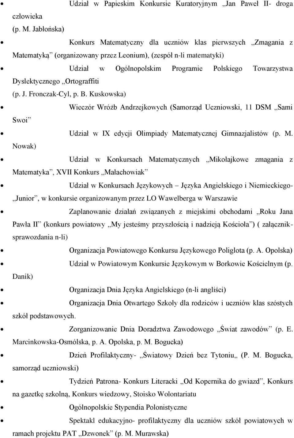 Dyslektycznego Ortograffiti (p. J. Fronczak-Cyl, p. B. Kuskowska) Wieczór Wróżb Andrzejkowych (Samorząd Uczniowski, 11 DSM Sami Swoi Udział w IX edycji Olimpiady Ma