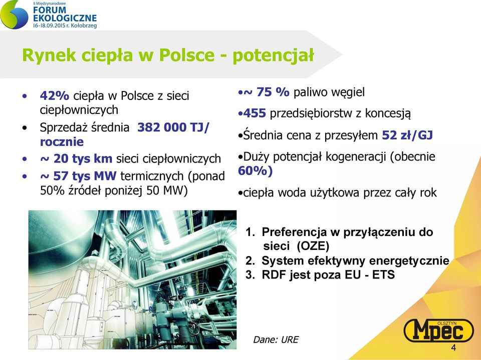 przedsiębiorstw z koncesją Średnia cena z przesyłem 52 zł/gj Duży potencjał kogeneracji (obecnie 60%) ciepła woda