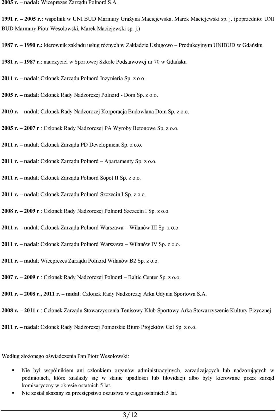 nadal: Członek Zarządu Polnord Inżynieria Sp. z o.o. 2005 r. nadal: Członek Rady Nadzorczej Polnord - Dom Sp. z o.o. 2010 r. nadal: Członek Rady Nadzorczej Korporacja Budowlana Dom Sp. z o.o. 2005 r. 2007 r.
