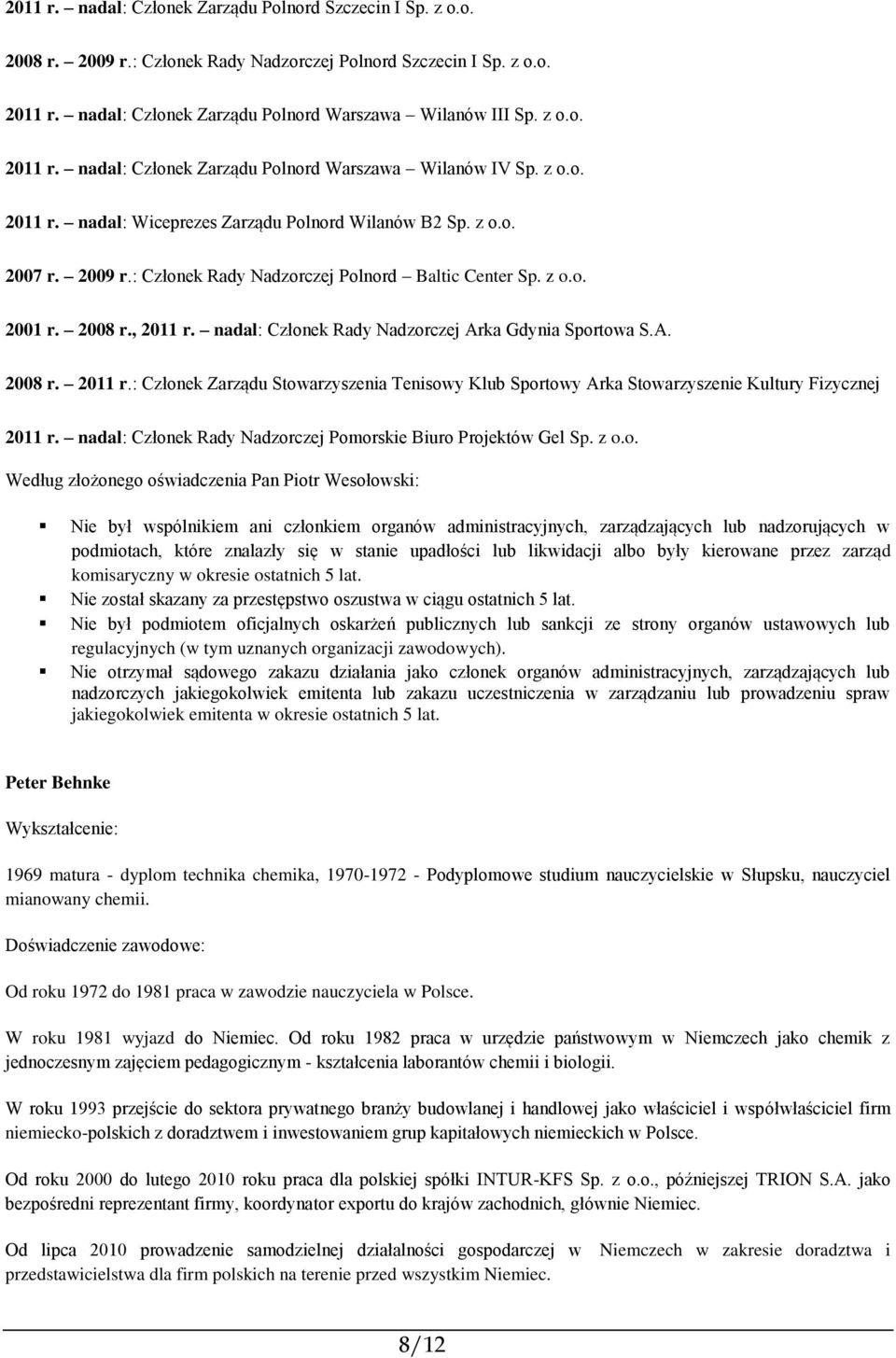 nadal: Członek Rady Nadzorczej Arka Gdynia Sportowa S.A. 2008 r. 2011 r.: Członek Zarządu Stowarzyszenia Tenisowy Klub Sportowy Arka Stowarzyszenie Kultury Fizycznej 2011 r.