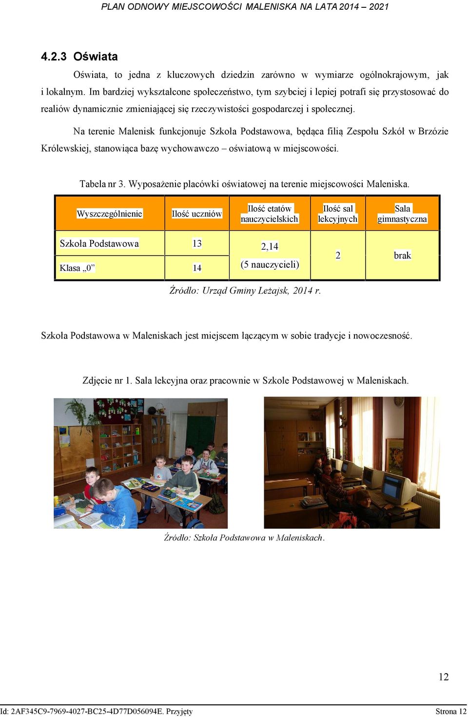 Na terenie Malenisk funkcjonuje Szkoła Podstawowa, będąca filią Zespołu Szkół w Brzózie Królewskiej, stanowiąca bazę wychowawczo oświatową w miejscowości. Tabela nr 3.