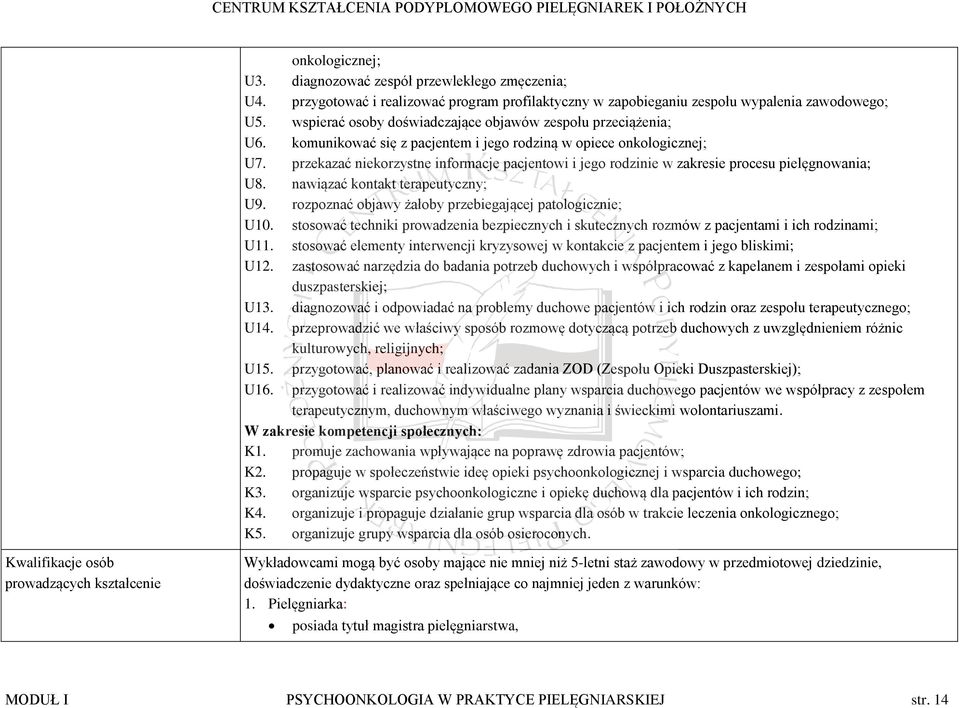 przekazać niekorzystne informacje pacjentowi i jego rodzinie w zakresie procesu pielęgnowania; U8. nawiązać kontakt terapeutyczny; U9. rozpoznać objawy żałoby przebiegającej patologicznie; U10.