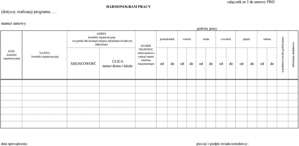 komórki organizacyjnej (wypełnić dla kazdego miejsca udzielania świadczeń oddzielnie) MIEJSCOWOŚĆ ULICA numer domu i lokalu NUMER