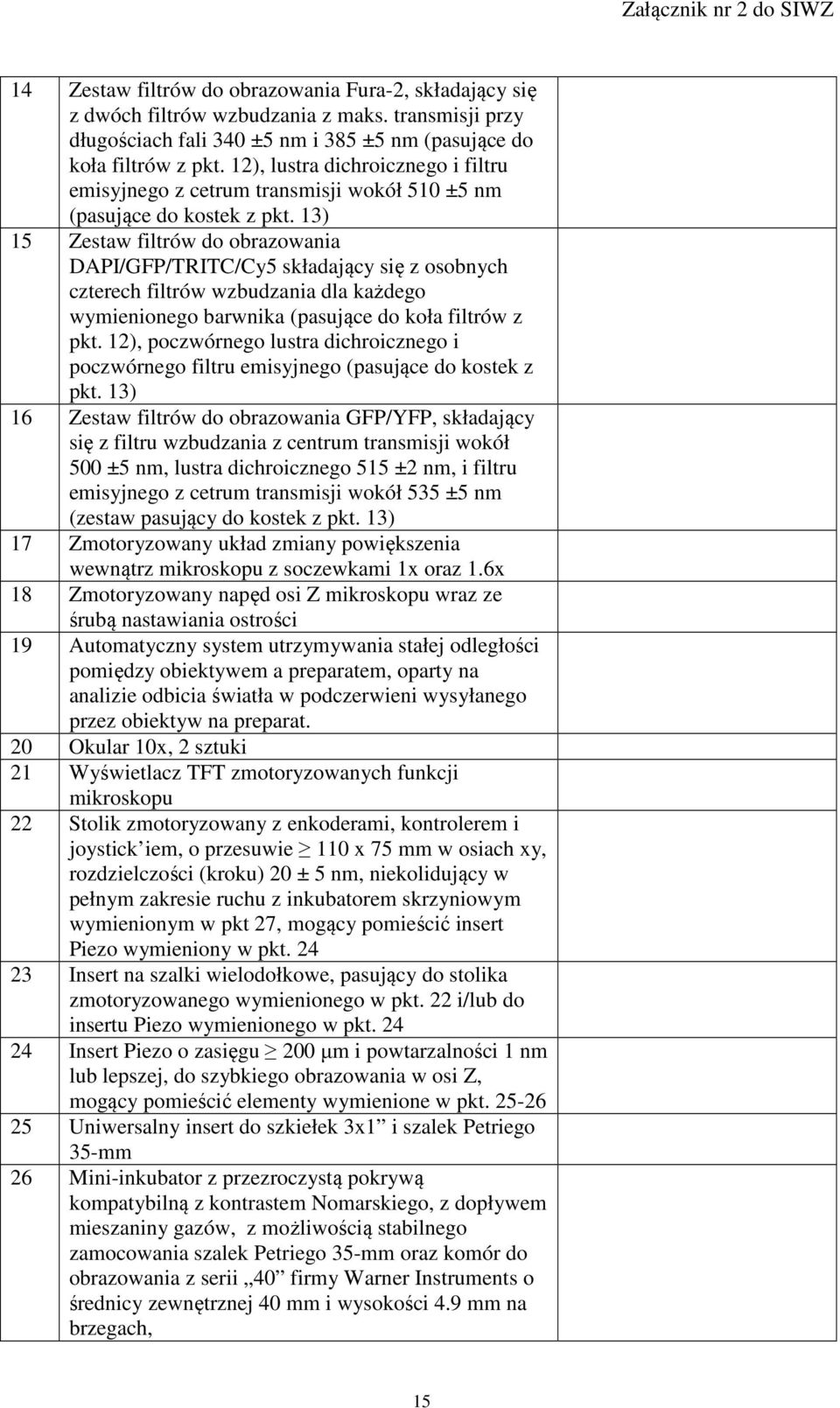 13) 15 Zestaw filtrów do obrazowania DAPI/GFP/TRITC/Cy5 składający się z osobnych czterech filtrów wzbudzania dla każdego wymienionego barwnika (pasujące do koła filtrów z pkt.