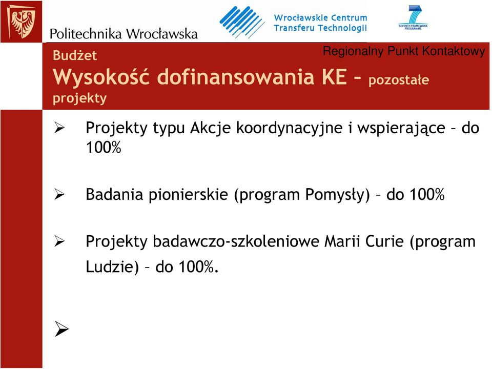 Badania pionierskie (program Pomysły) do 100% Projekty