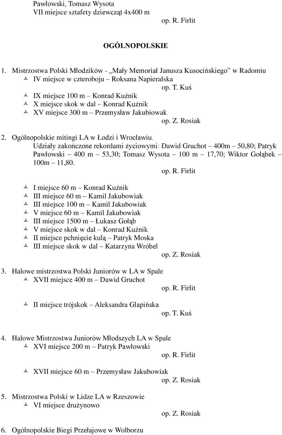 Kuś IX miejsce 100 m Konrad Kuźnik X miejsce skok w dal Konrad Kuźnik XV miejsce 300 m Przemysław Jakubiowak op. Z. Rosiak 2. Ogólnopolskie mitingi LA w Łodzi i Wrocławiu.