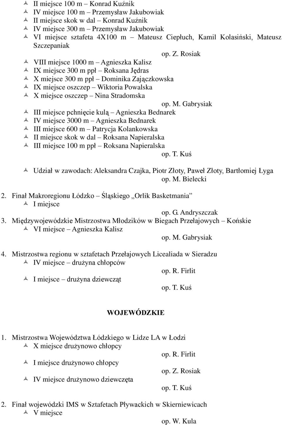 Rosiak VIII miejsce 1000 m Agnieszka Kalisz IX miejsce 300 m ppł Roksana Jędras X miejsce 300 m ppł Dominika Zajączkowska IX miejsce oszczep Wiktoria Powalska X miejsce oszczep Nina Stradomska op. M.