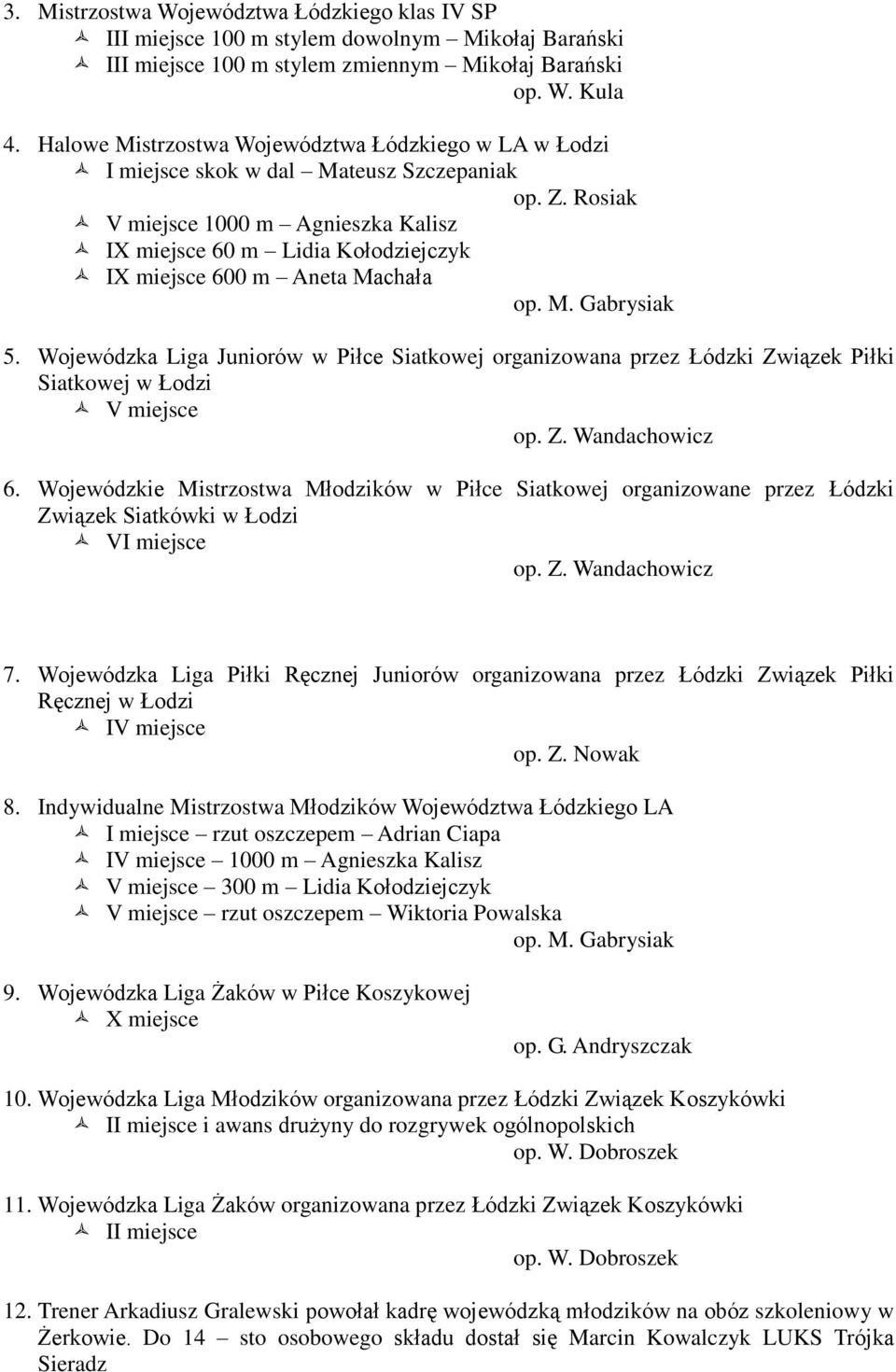 Rosiak V miejsce 1000 m Agnieszka Kalisz IX miejsce 60 m Lidia Kołodziejczyk IX miejsce 600 m Aneta Machała op. M. Gabrysiak 5.