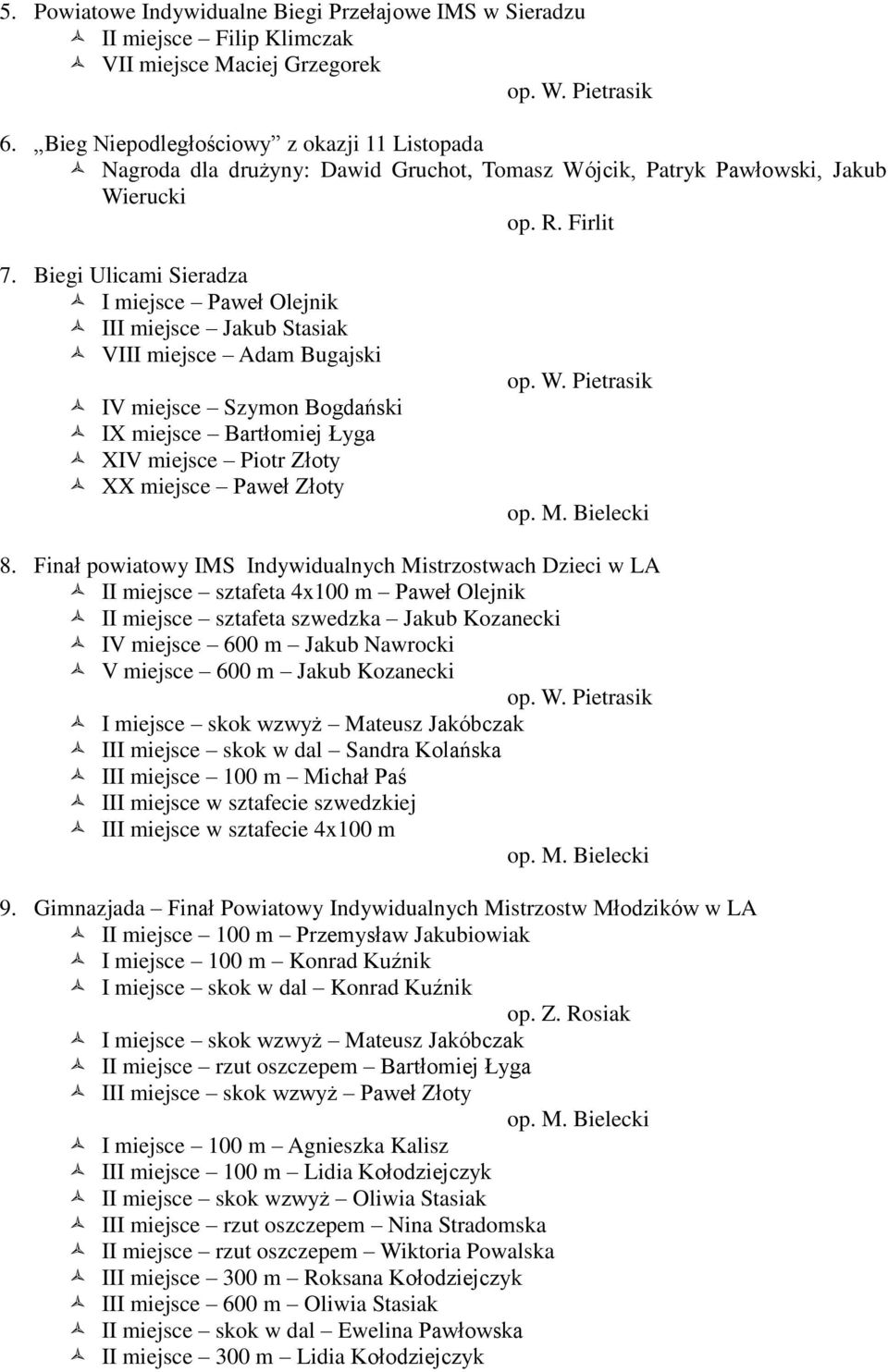 Biegi Ulicami Sieradza I miejsce Paweł Olejnik III miejsce Jakub Stasiak VIII miejsce Adam Bugajski IV miejsce Szymon Bogdański IX miejsce Bartłomiej Łyga XIV miejsce Piotr Złoty XX miejsce Paweł