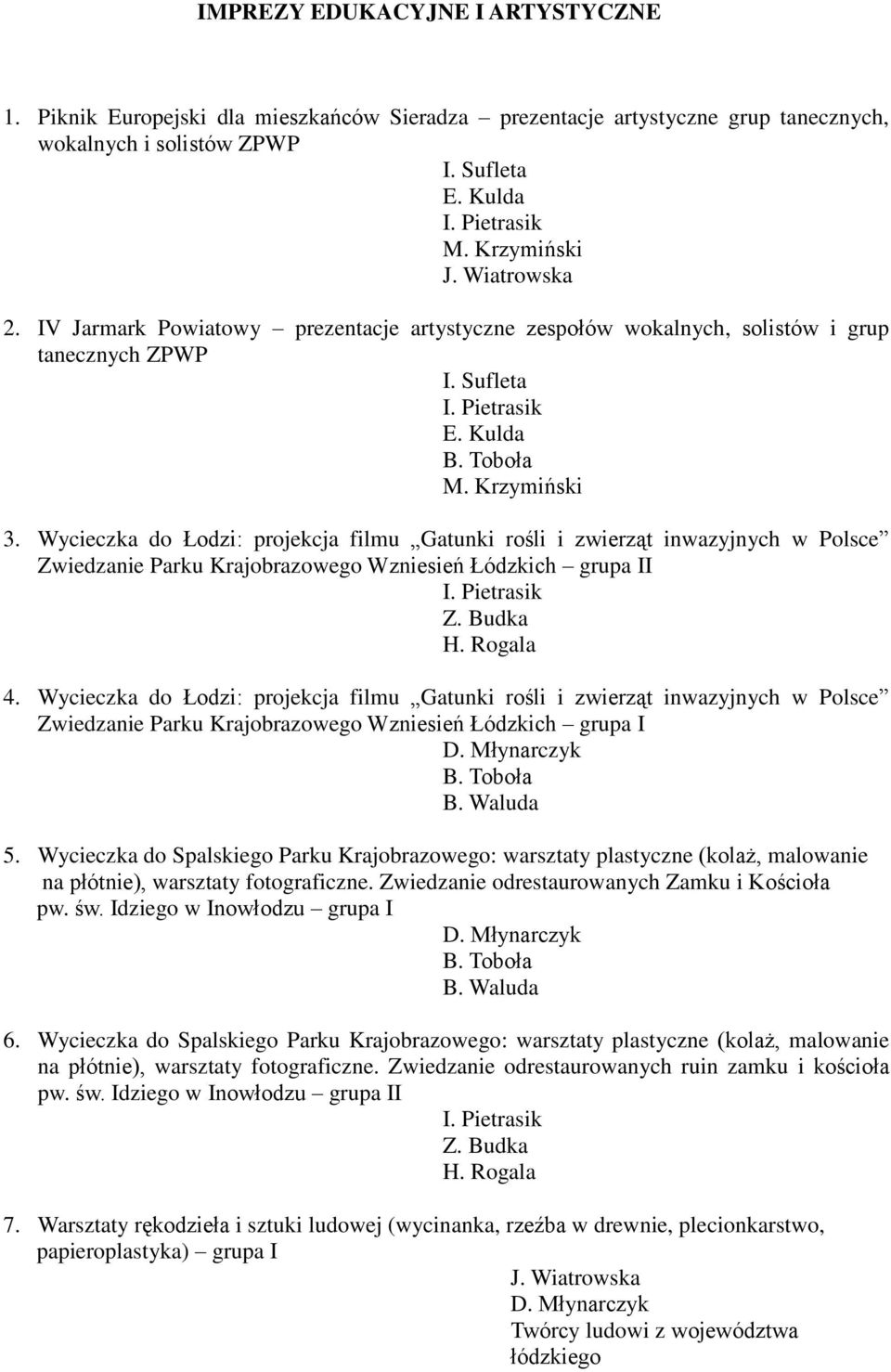 Wycieczka do Łodzi: projekcja filmu Gatunki rośli i zwierząt inwazyjnych w Polsce Zwiedzanie Parku Krajobrazowego Wzniesień Łódzkich grupa II Z. Budka H. Rogala 4.