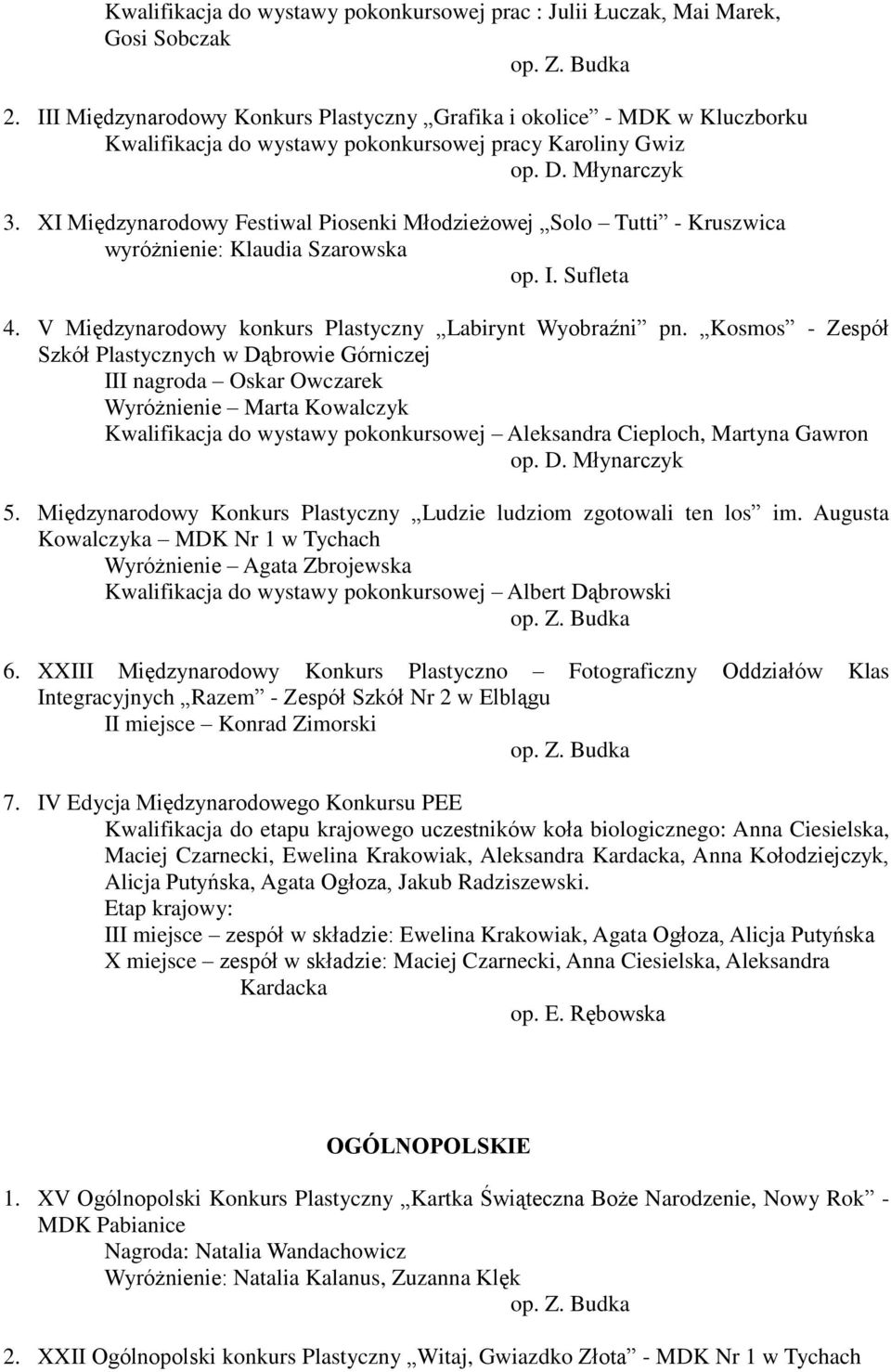 XI Międzynarodowy Festiwal Piosenki Młodzieżowej Solo Tutti - Kruszwica wyróżnienie: Klaudia Szarowska op. 4. V Międzynarodowy konkurs Plastyczny Labirynt Wyobraźni pn.