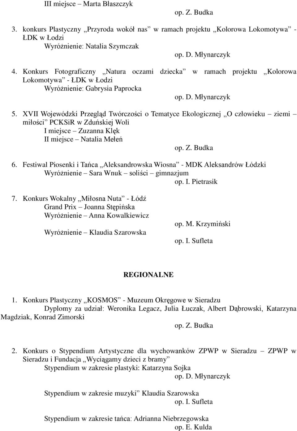 XVII Wojewódzki Przegląd Twórczości o Tematyce Ekologicznej O człowieku ziemi miłości PCKSiR w Zduńskiej Woli I miejsce Zuzanna Klęk II miejsce Natalia Mełeń 6.