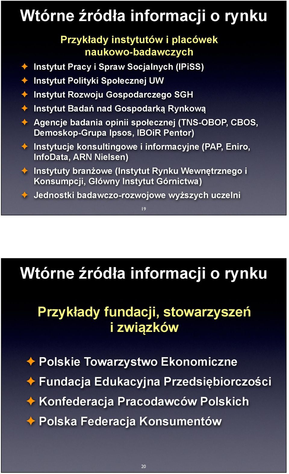 Nielsen) Instytuty branżowe (Instytut Rynku Wewnętrznego i Konsumpcji, Główny Instytut Górnictwa) Jednostki badawczo-rozwojowe wyższych uczelni 19 Wtórne źródła informacji o