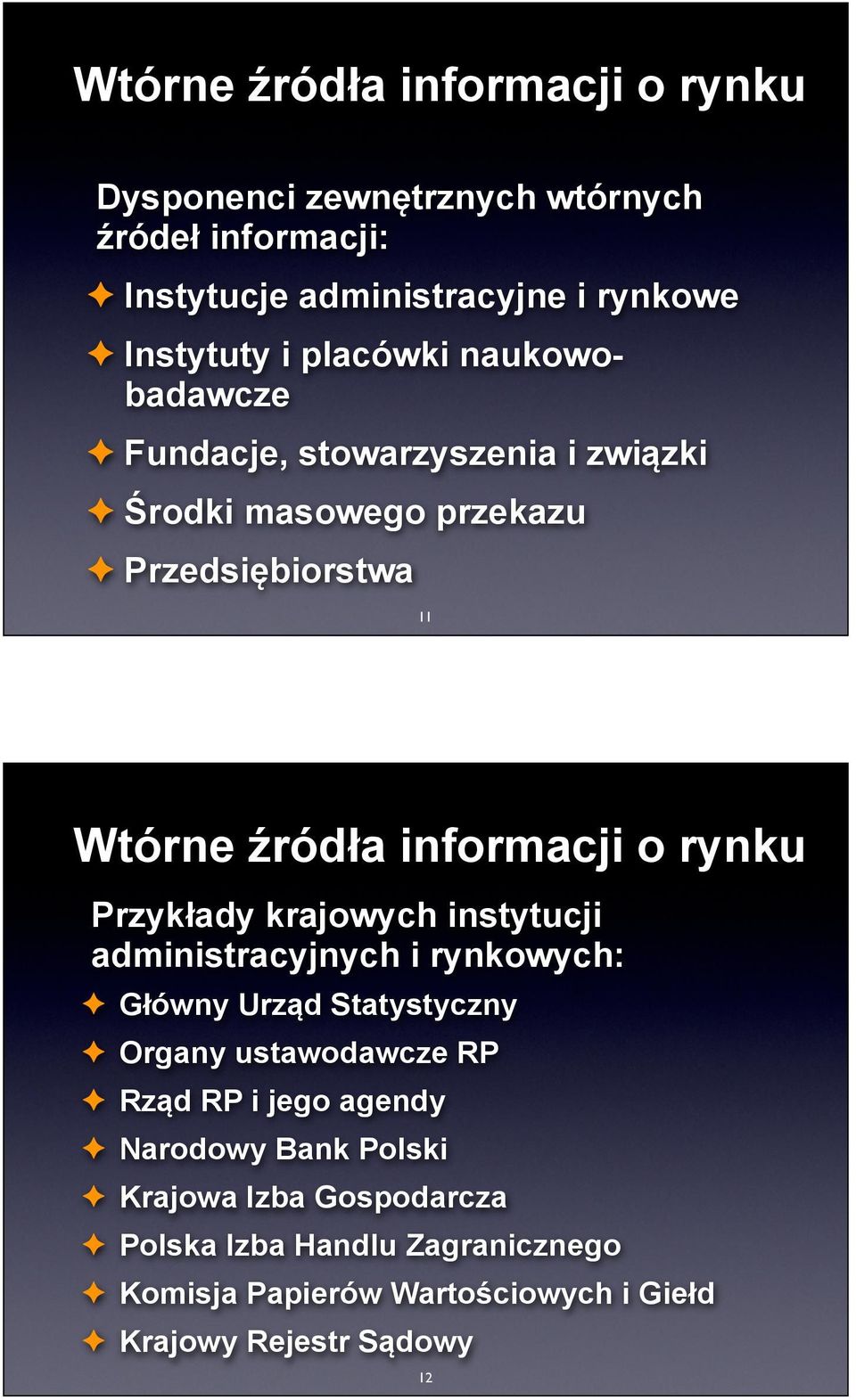 krajowych instytucji administracyjnych i rynkowych: Główny Urząd Statystyczny Organy ustawodawcze RP Rząd RP i jego agendy