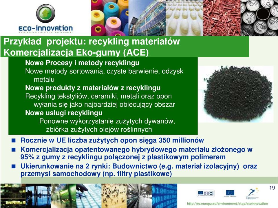 wykorzystanie zużytych dywanów, zbiórka zużytych olejów roślinnych Rocznie w UE liczba zużytych opon sięga 350 millionów Komercjalizacja opatentowanego hybrydowego