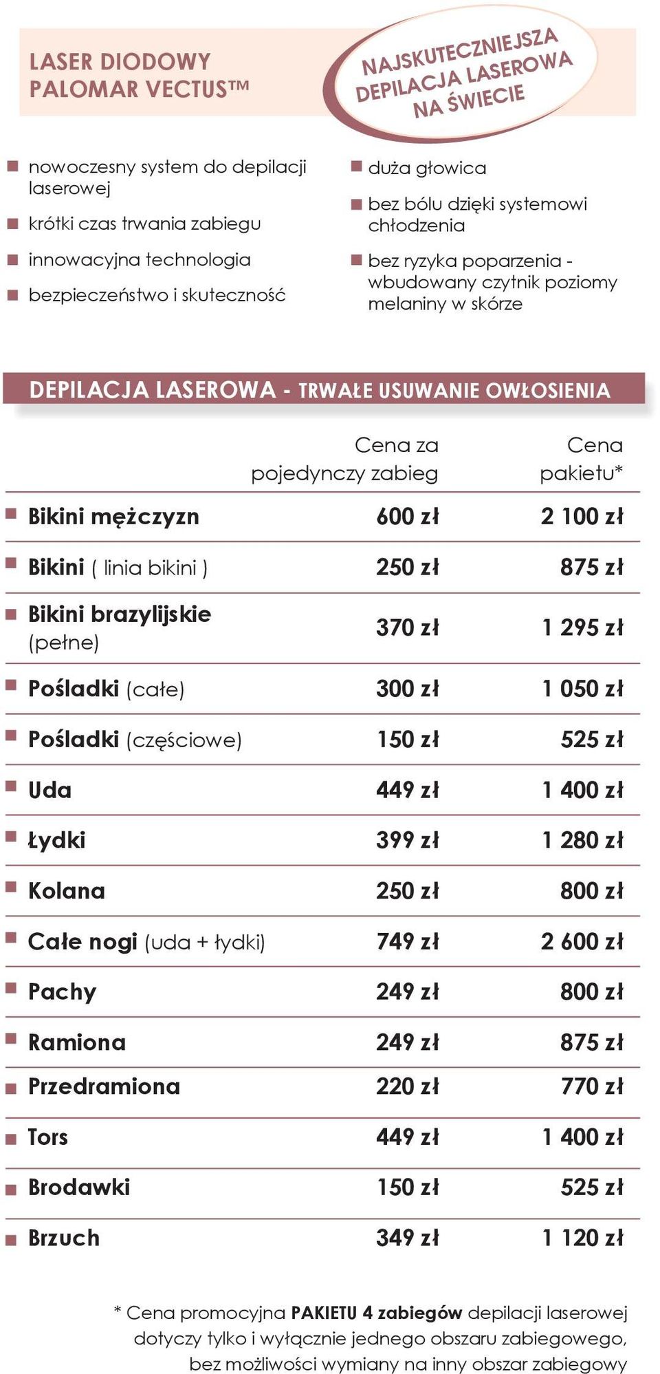 pakietu* Bikini mężczyzn 600 zł 2 100 zł Bikini ( linia bikini ) 250 zł 875 zł Bikini brazylijskie (pełne) 370 zł 1 295 zł Pośladki (całe) 300 zł 1 050 zł Pośladki (częściowe) 150 zł 525 zł Uda 449