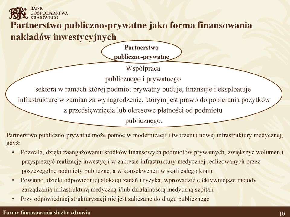 Partnerstwo publiczno-prywatne może pomóc w modernizacji i tworzeniu nowej infrastruktury medycznej, gdyż: Pozwala, dzięki zaangażowaniu środków finansowych podmiotów prywatnych, zwiększyć wolumen i