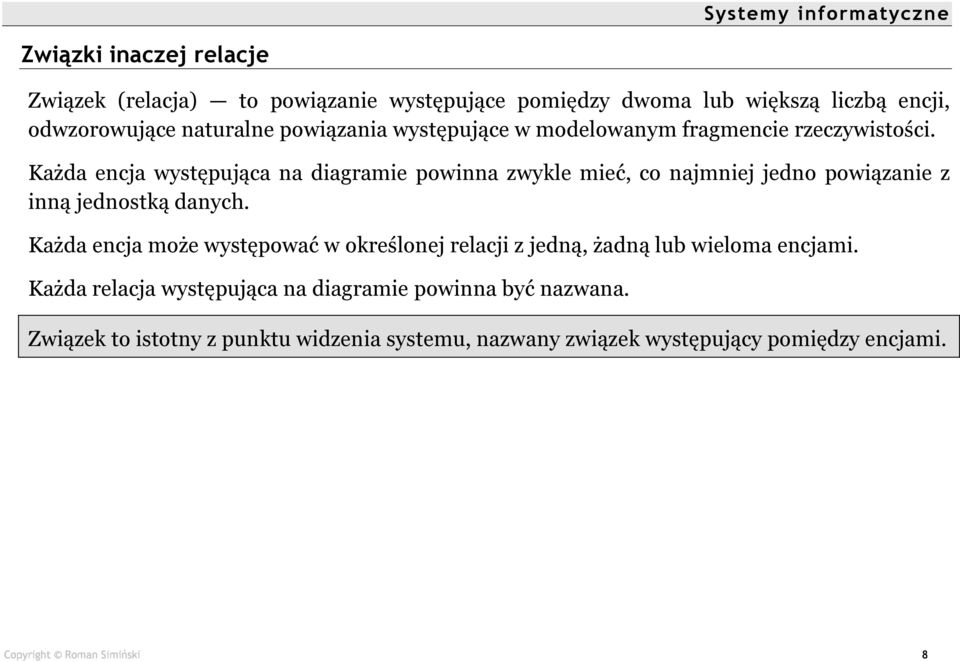 Każda encja występująca na diagramie powinna zwykle mieć, co najmniej jedno powiązanie z inną jednostką danych.