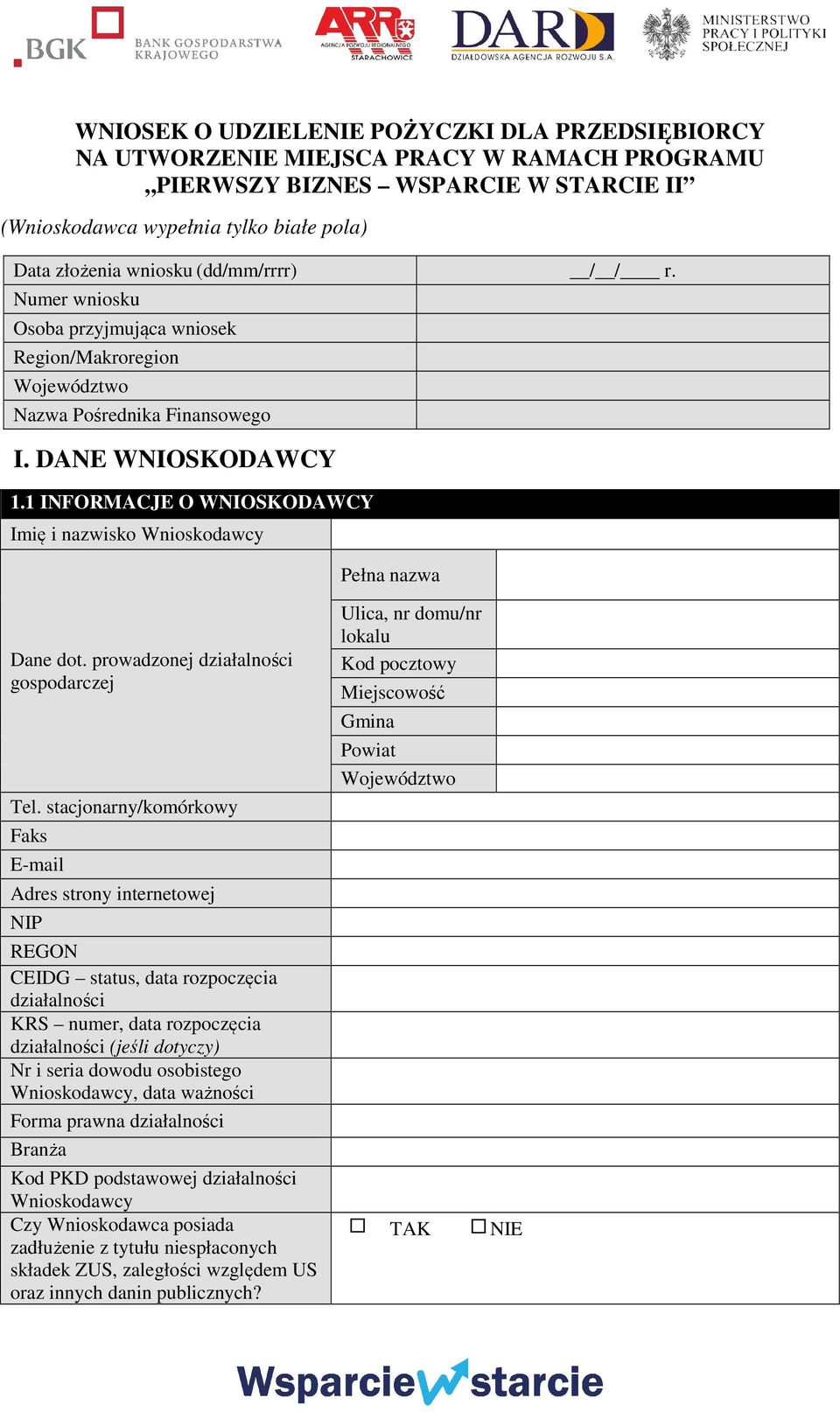 DANE WNIOSKODAWCY 1 INFORMACJE O WNIOSKODAWCY Imię i nazwisko Wnioskodawcy Pełna nazwa Dane dot. prowadzonej działalności gospodarczej Tel.