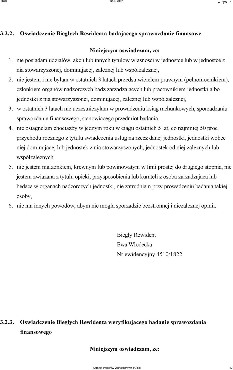 nie jestem i nie bylam w ostatnich 3 latach przedstawicielem prawnym (pelnomocnikiem), czlonkiem organów nadzorczych badz zarzadzajacych lub pracownikiem jednostki albo jednostki z nia