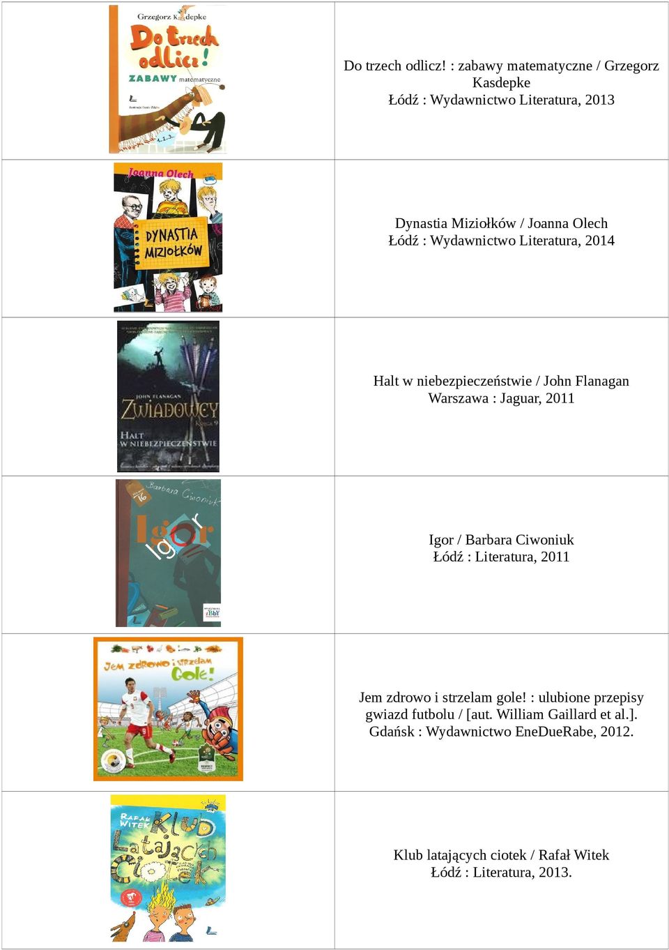Wydawnictwo Literatura, 2014 Halt w niebezpieczeństwie / John Flanagan Warszawa : Jaguar, 2011 Igor / Barbara Ciwoniuk