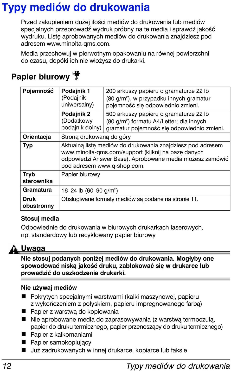 Papier biurowy Pojemność Podajnik 1 (Podajnik uniwersalny) Orientacja Typ Podajnik 2 (Dodatkowy podajnik dolny) Stroną drukowaną do góry 200 arkuszy papieru o gramaturze 22 lb (80 g/m 2 ), w