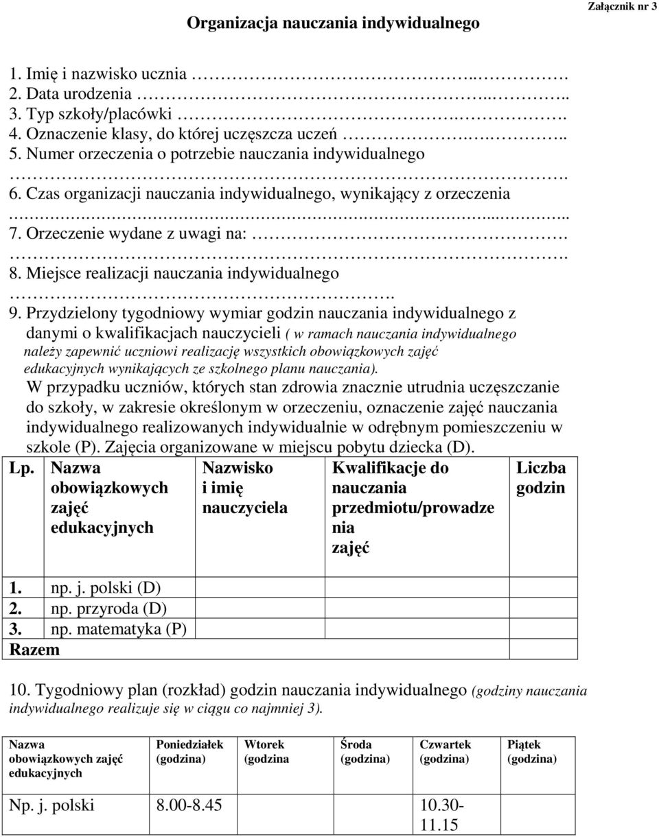 Miejsce realizacji nauczania indywidualnego. 9.