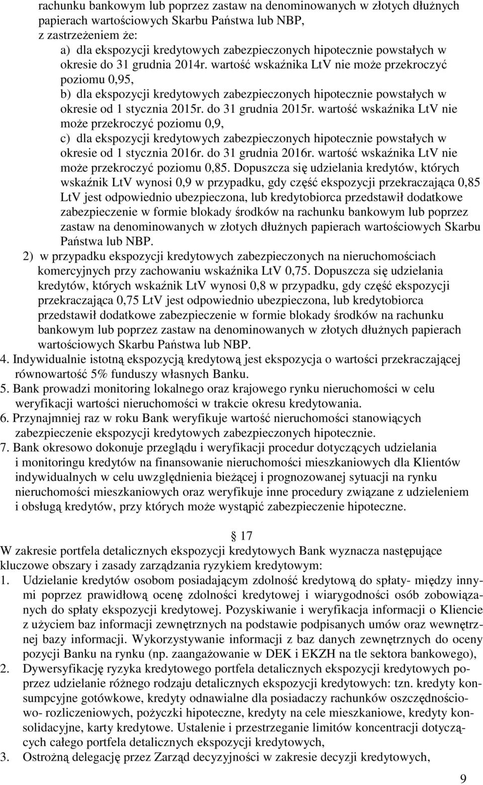 do 31 grudnia 2015r. wartość wskaźnika LtV nie może przekroczyć poziomu 0,9, c) dla ekspozycji kredytowych zabezpieczonych hipotecznie powstałych w okresie od 1 stycznia 2016r. do 31 grudnia 2016r.