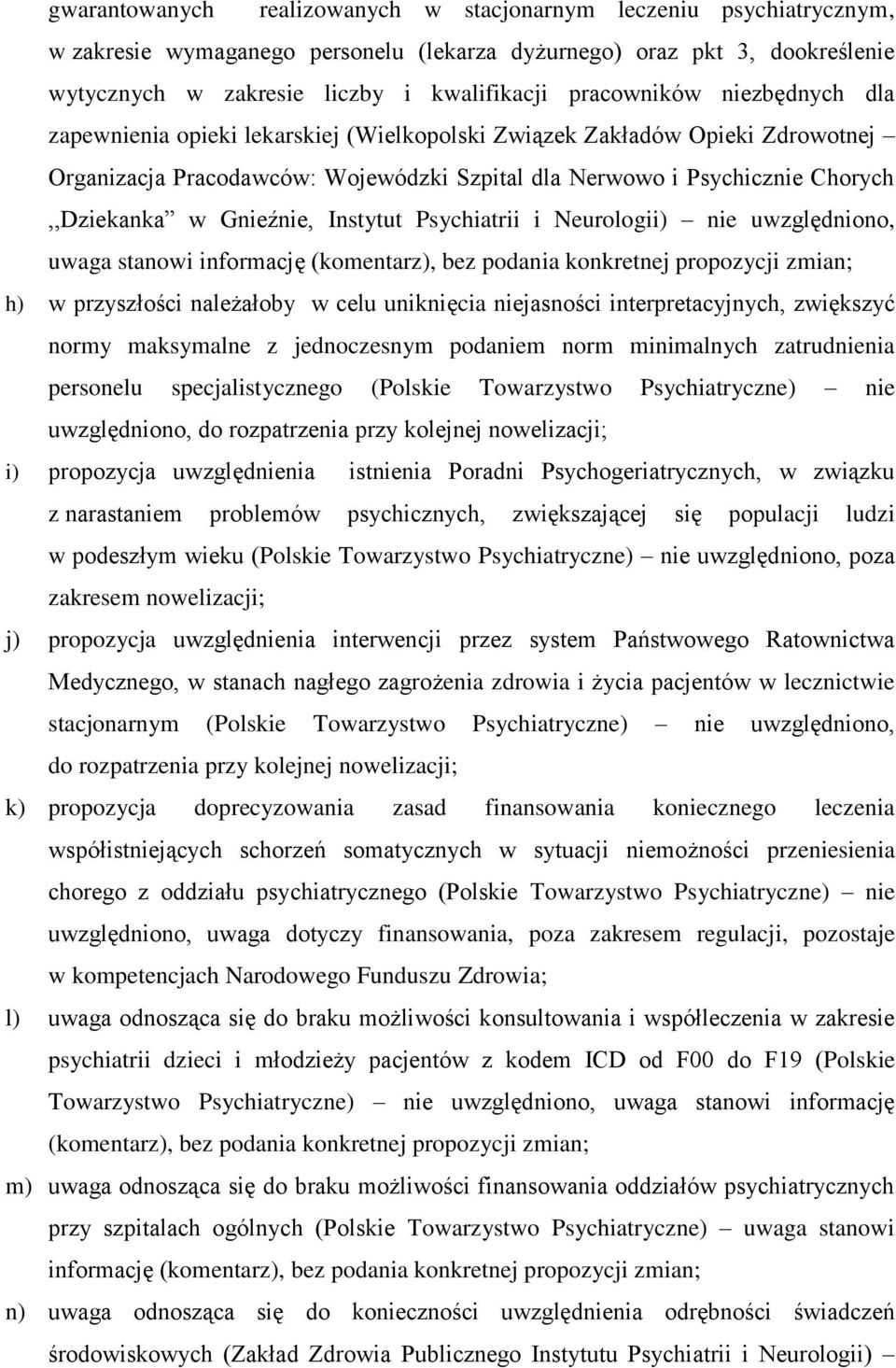 Gnieźnie, Instytut Psychiatrii i Neurologii) nie uwzględniono, uwaga stanowi informację (komentarz), bez podania konkretnej propozycji zmian; h) w przyszłości należałoby w celu uniknięcia niejasności