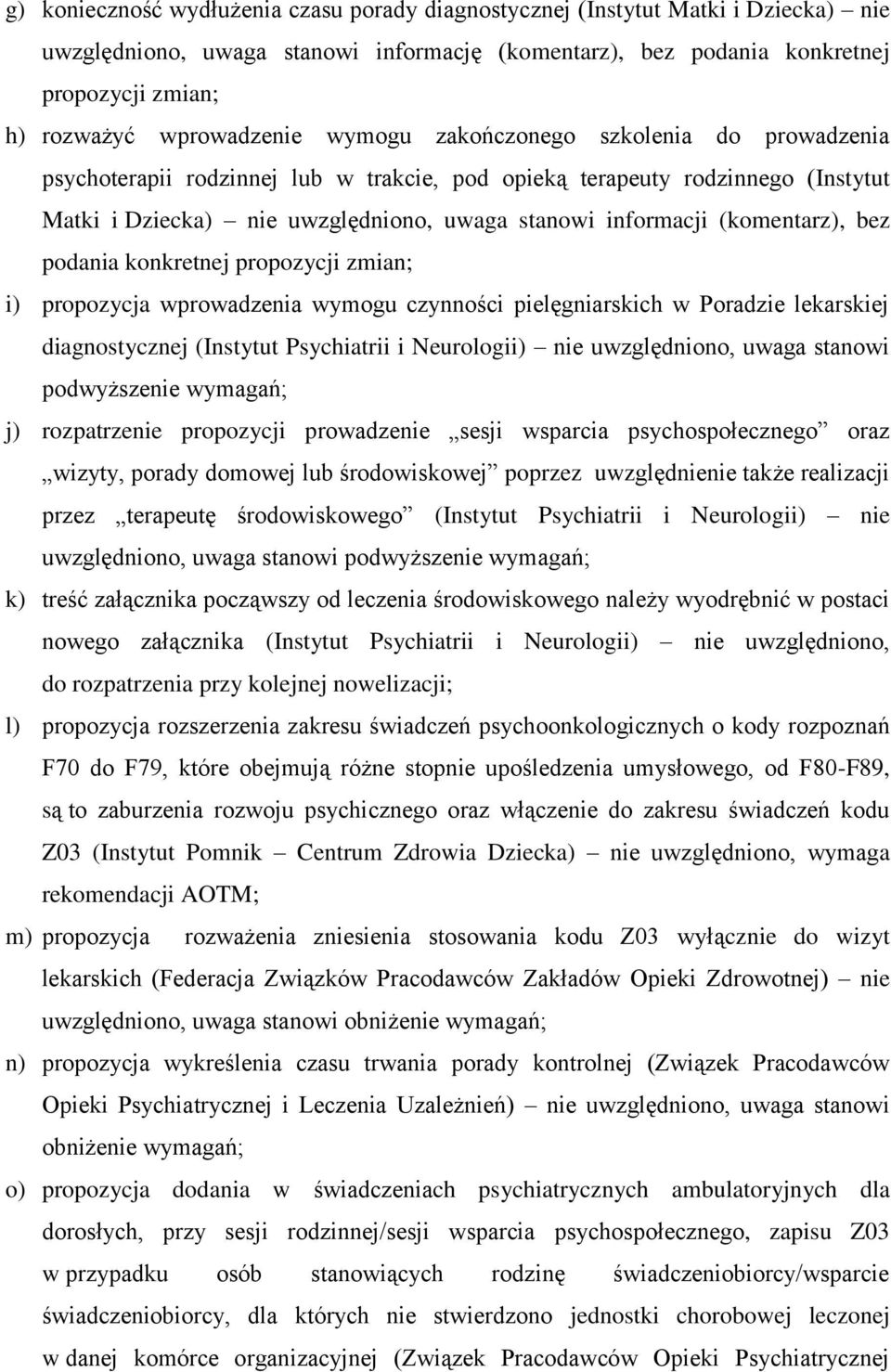 (komentarz), bez podania konkretnej propozycji zmian; i) propozycja wprowadzenia wymogu czynności pielęgniarskich w Poradzie lekarskiej diagnostycznej (Instytut Psychiatrii i Neurologii) nie