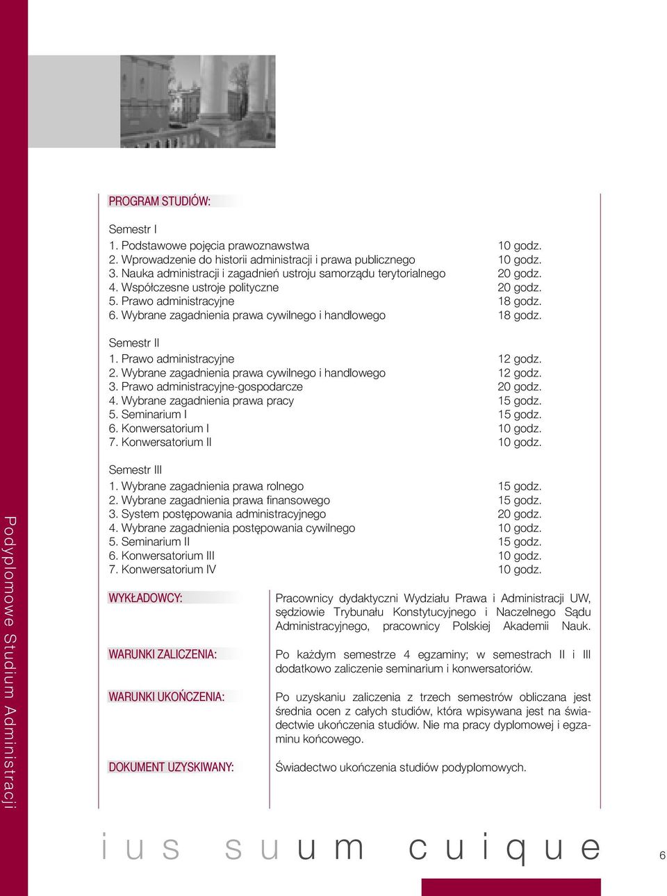 Wybrane zagadnienia prawa cywilnego i handlowego 18 godz. Semestr II 1. Prawo administracyjne 12 godz. 2. Wybrane zagadnienia prawa cywilnego i handlowego 12 godz. 3.