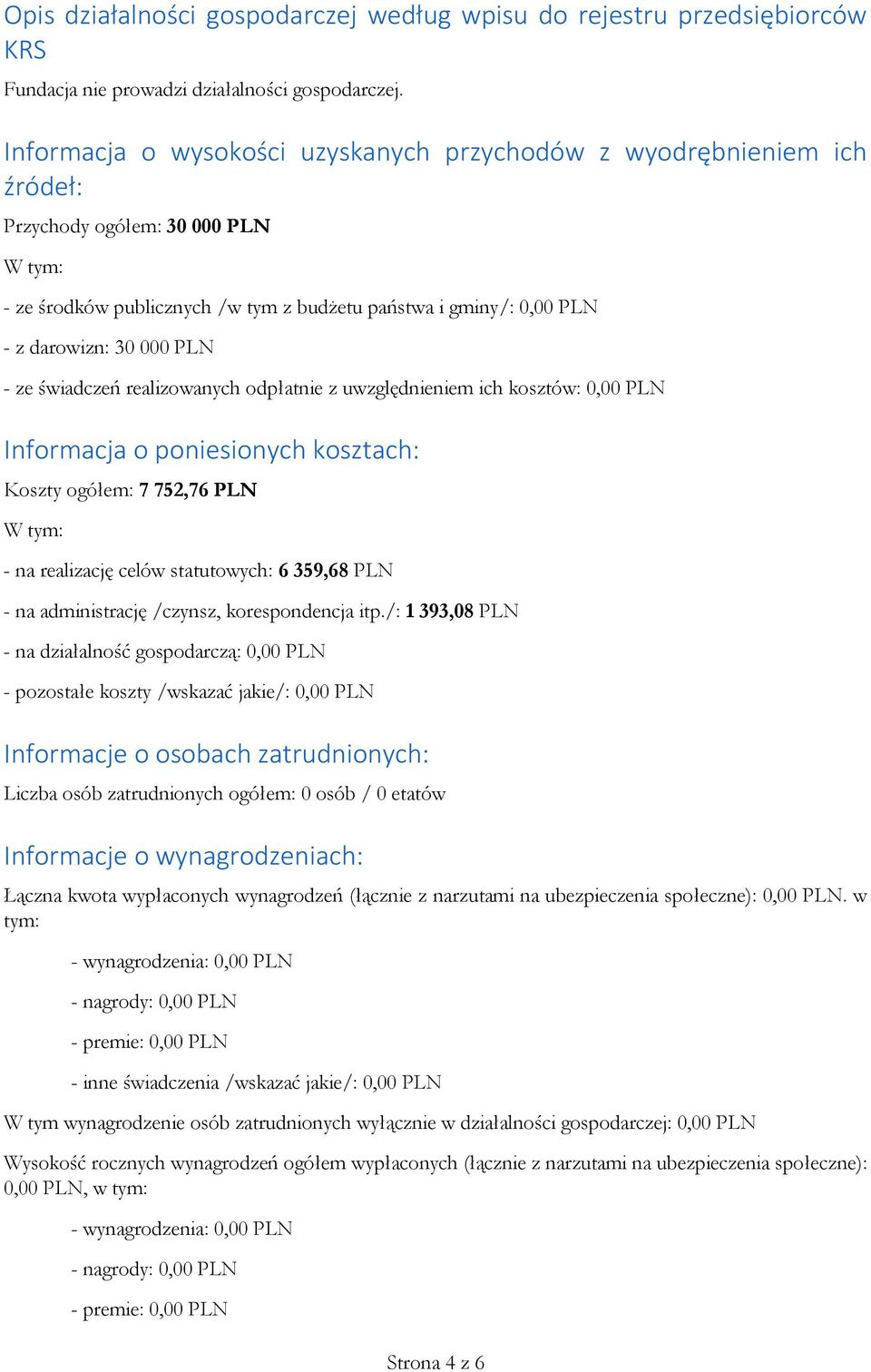 PLN - ze świadczeń realizowanych odpłatnie z uwzględnieniem ich kosztów: 0,00 PLN Informacja o poniesionych kosztach: Koszty ogółem: 7 752,76 PLN W tym: - na realizację celów statutowych: 6 359,68
