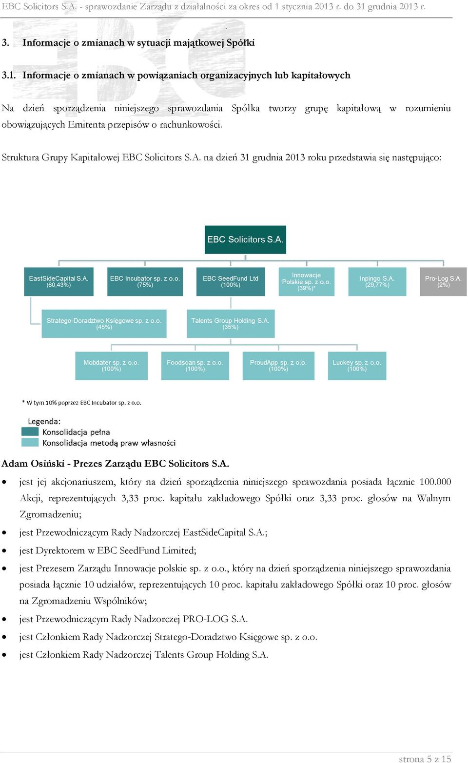 Kapitałowej EBC Solicitors SA na dzień 31 grudnia 2013 roku przedstawia się następująco: Adam Osiński - Prezes Zarządu EBC Solicitors SA jest jej akcjonariuszem, który na dzień sporządzenia