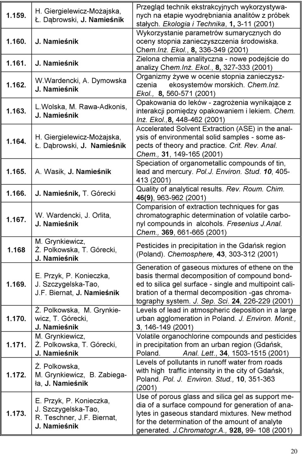 Polkowska, M. Grynkiewicz, T. Górecki, M. Grynkiewicz, Ż. Polkowska, T. Górecki, Ż. Polkowska, M. Grynkiewicz, B. Zabiegała, E. Przyk, P. Konieczka, J. Szczygelska-Tao, R. Teschner, J.F.