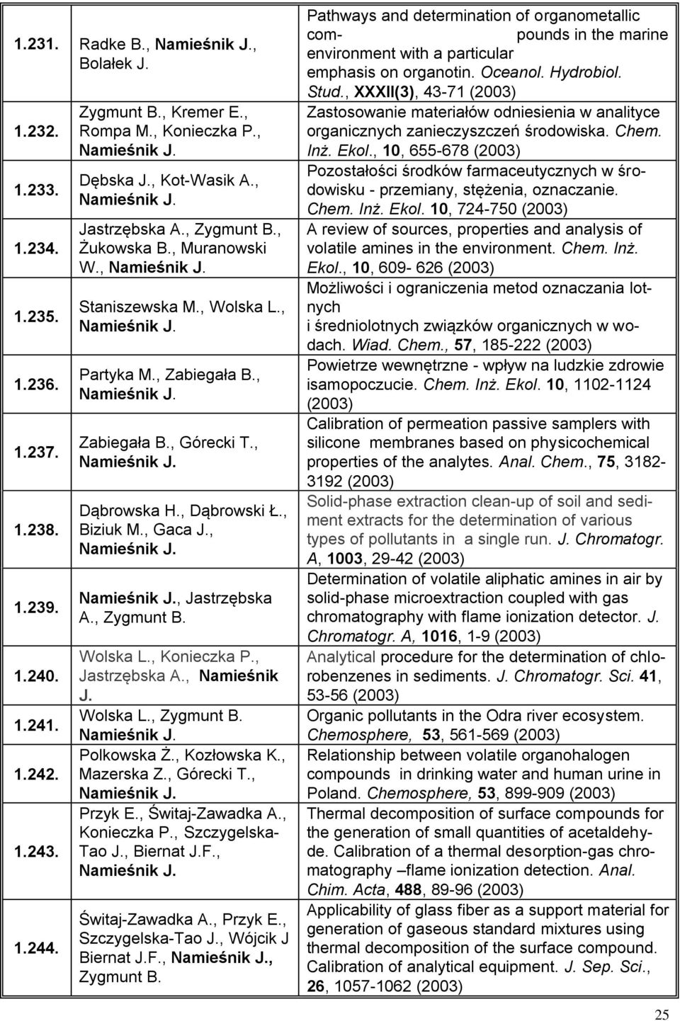 ,, Jastrzębska A., Zygmunt B. Wolska L., Konieczka P., Jastrzębska A., Namieśnik J. Wolska L., Zygmunt B. Polkowska Ż., Kozłowska K., Mazerska Z., Górecki T., Przyk E., Świtaj-Zawadka A., Konieczka P., Szczygelska- Tao J.