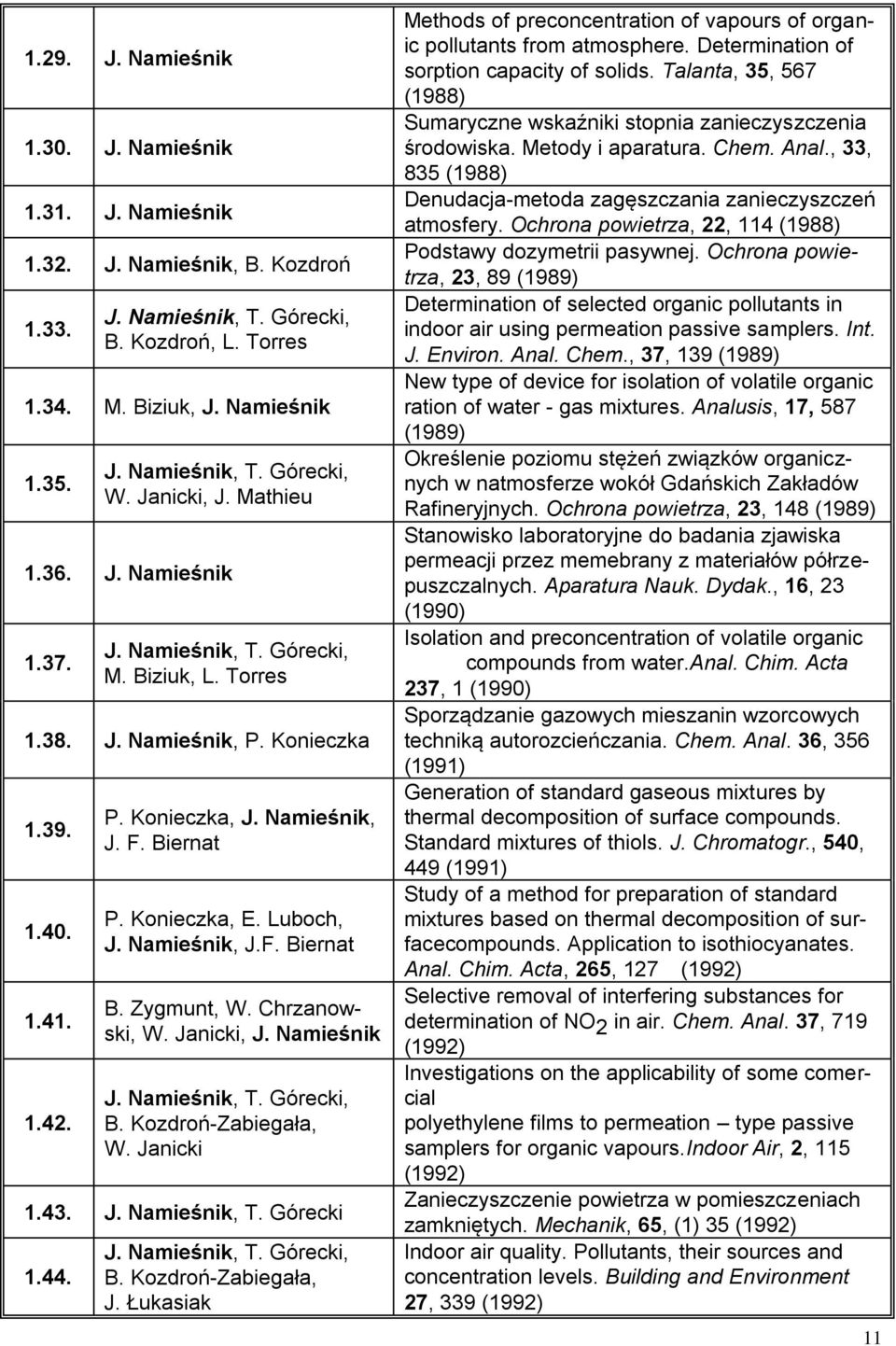 44., T. Górecki, B. Kozdroń-Zabiegała, J. Łukasiak Methods of preconcentration of vapours of organic pollutants from atmosphere. Determination of sorption capacity of solids.