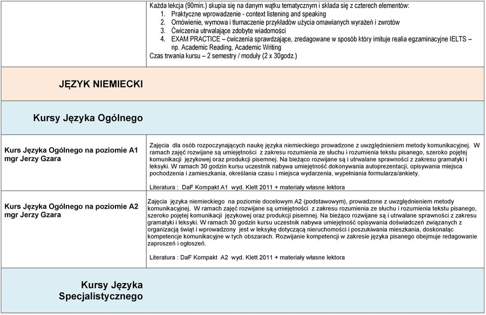 EXAM PRACTICE ćwiczenia sprawdzające, zredagowane w sposób który imituje realia egzaminacyjne IELTS np. Academic Reading, Academic Writing Czas trwania kursu 2 semestry / moduły (2 x 30godz.