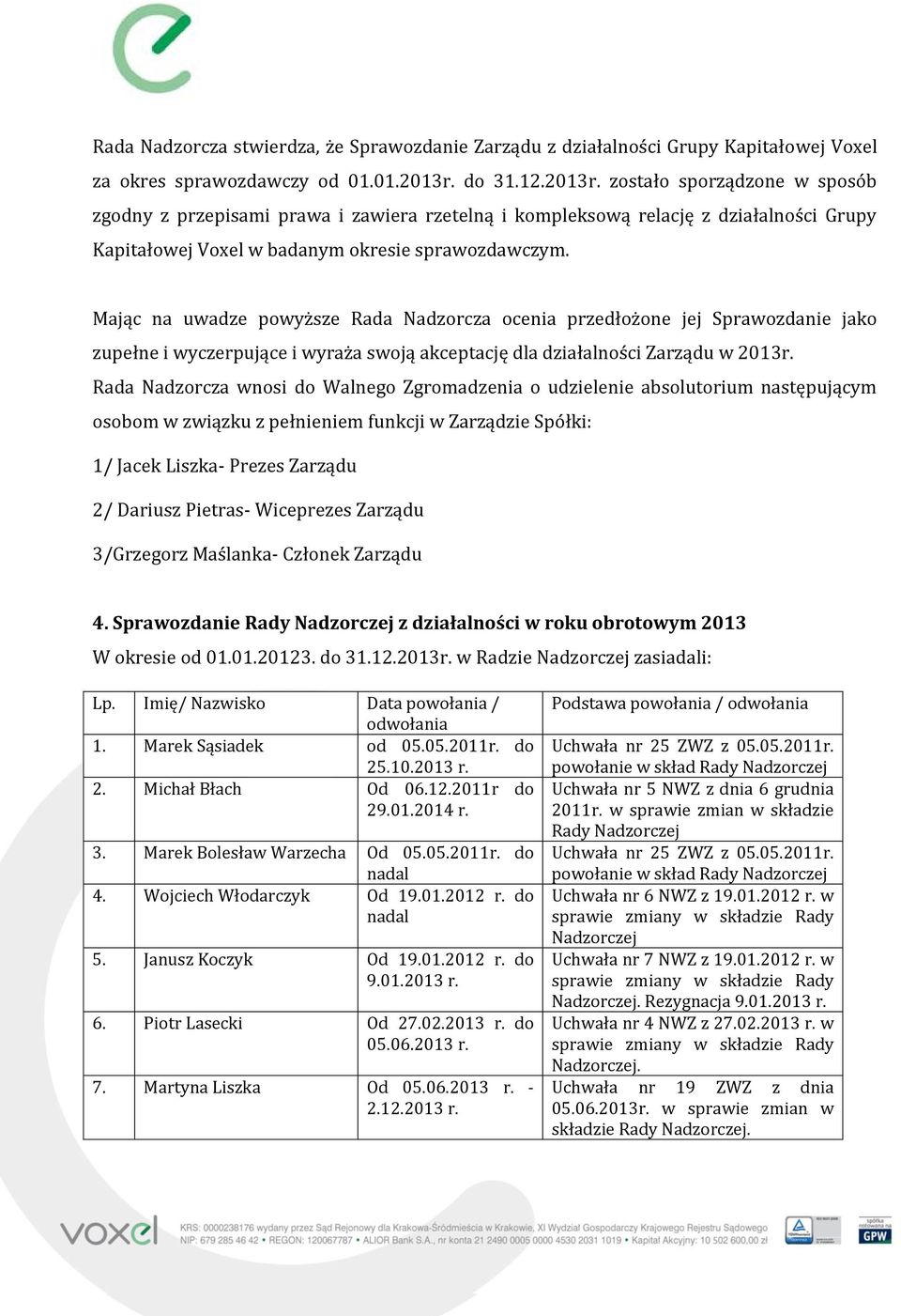 Mając na uwadze powyższe Rada Nadzorcza ocenia przedłożone jej Sprawozdanie jako zupełne i wyczerpujące i wyraża swoją akceptację dla działalności Zarządu w 2013r.