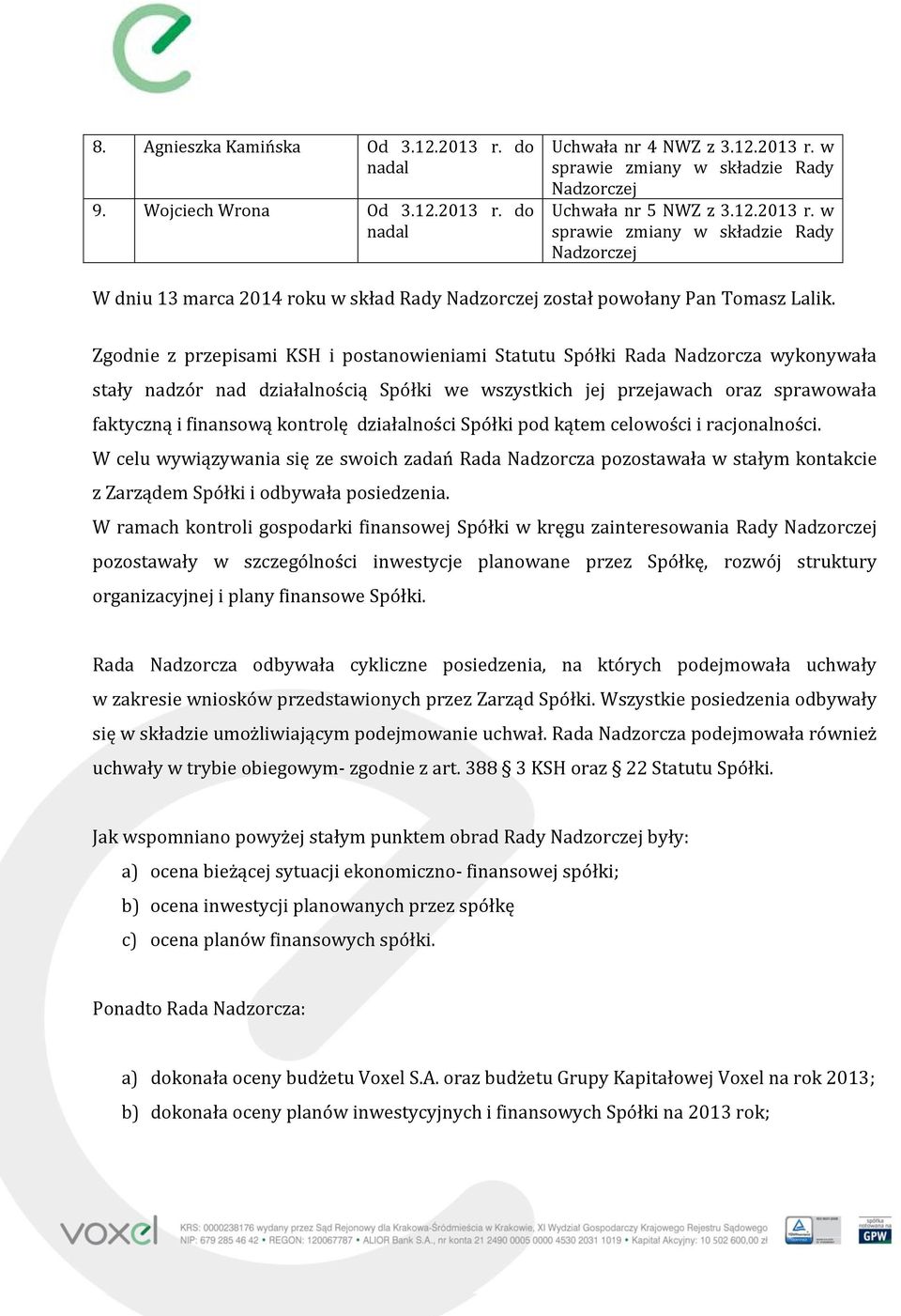 działalności Spółki pod kątem celowości i racjonalności. W celu wywiązywania się ze swoich zadań Rada Nadzorcza pozostawała w stałym kontakcie z Zarządem Spółki i odbywała posiedzenia.