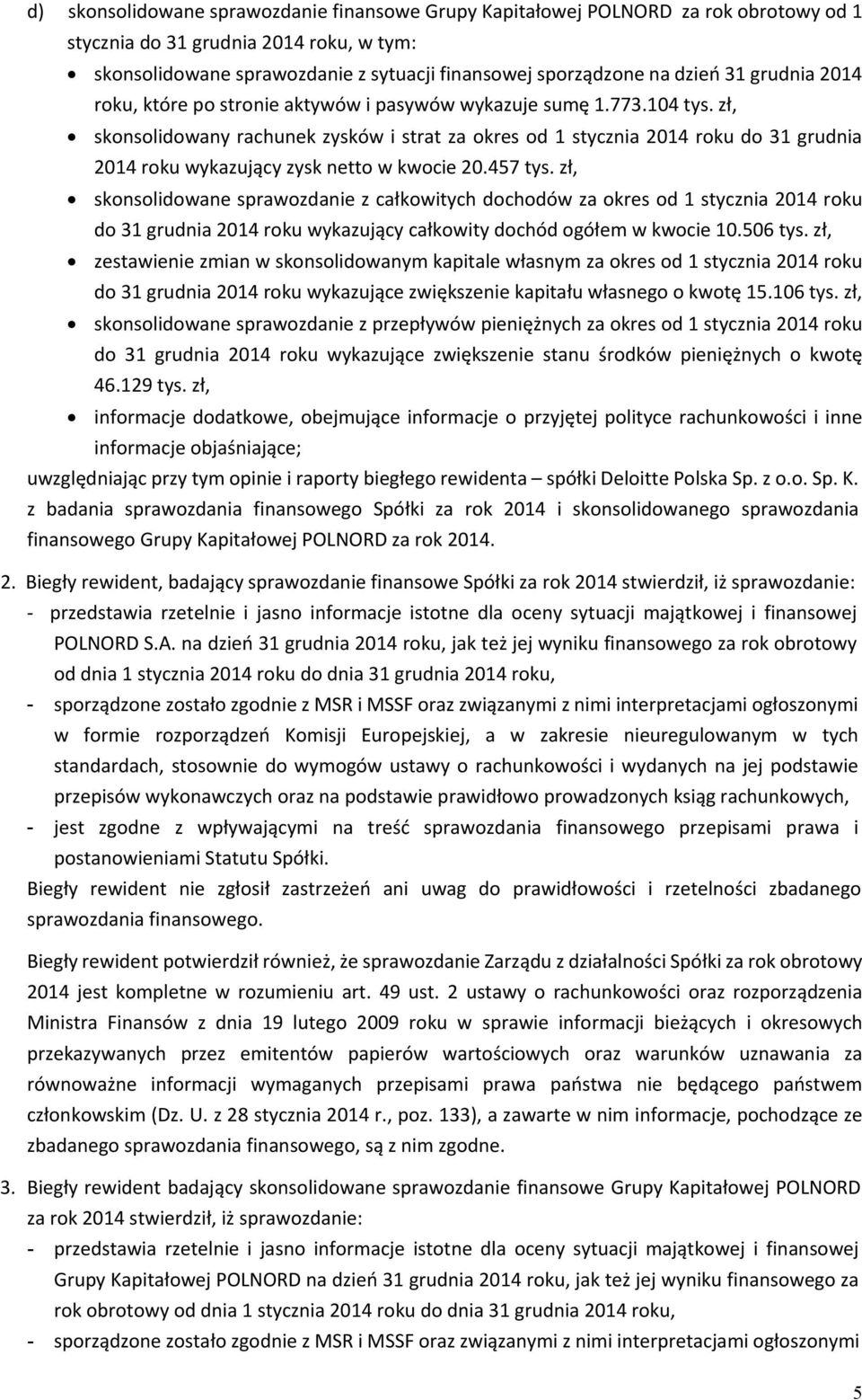 zł, skonsolidowany rachunek zysków i strat za okres od 1 stycznia 2014 roku do 31 grudnia 2014 roku wykazujący zysk netto w kwocie 20.457 tys.