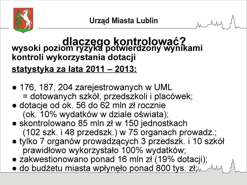 UML = dotowanych szkół, przedszkoli i placówek; dotacje od ok. 56 do 62 mln zł rocznie (ok.