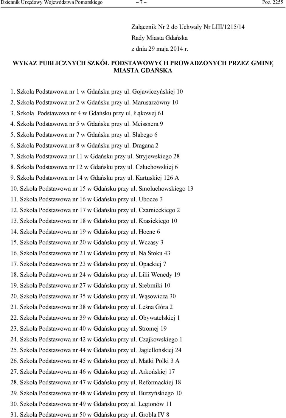 Marusarzówny 10 3. Szkoła Podstawowa nr 4 w Gdańsku przy ul. Łąkowej 61 4. Szkoła Podstawowa nr 5 w Gdańsku przy ul. Meissnera 9 5. Szkoła Podstawowa nr 7 w Gdańsku przy ul. Słabego 6 6.