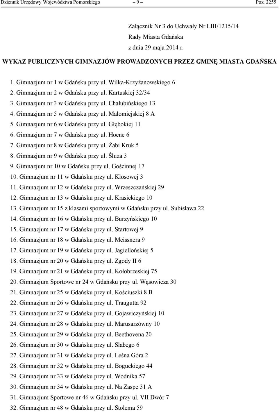 Gimnazjum nr 3 w Gdańsku przy ul. Chałubińskiego 13 4. Gimnazjum nr 5 w Gdańsku przy ul. Małomiejskiej 8 A 5. Gimnazjum nr 6 w Gdańsku przy ul. Głębokiej 11 6. Gimnazjum nr 7 w Gdańsku przy ul.